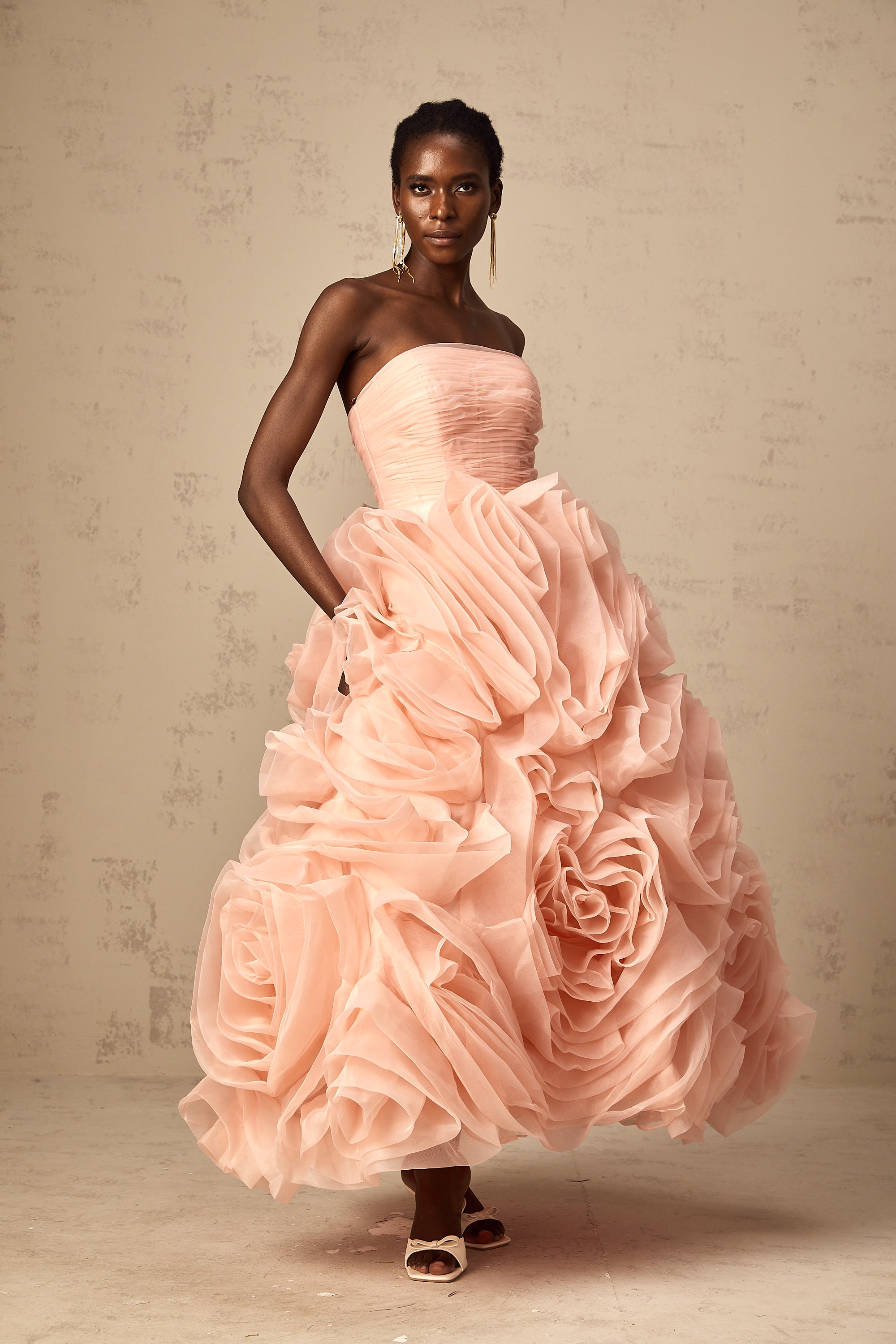 Leane pink off-shoulder 3d-petal tulle midi dress