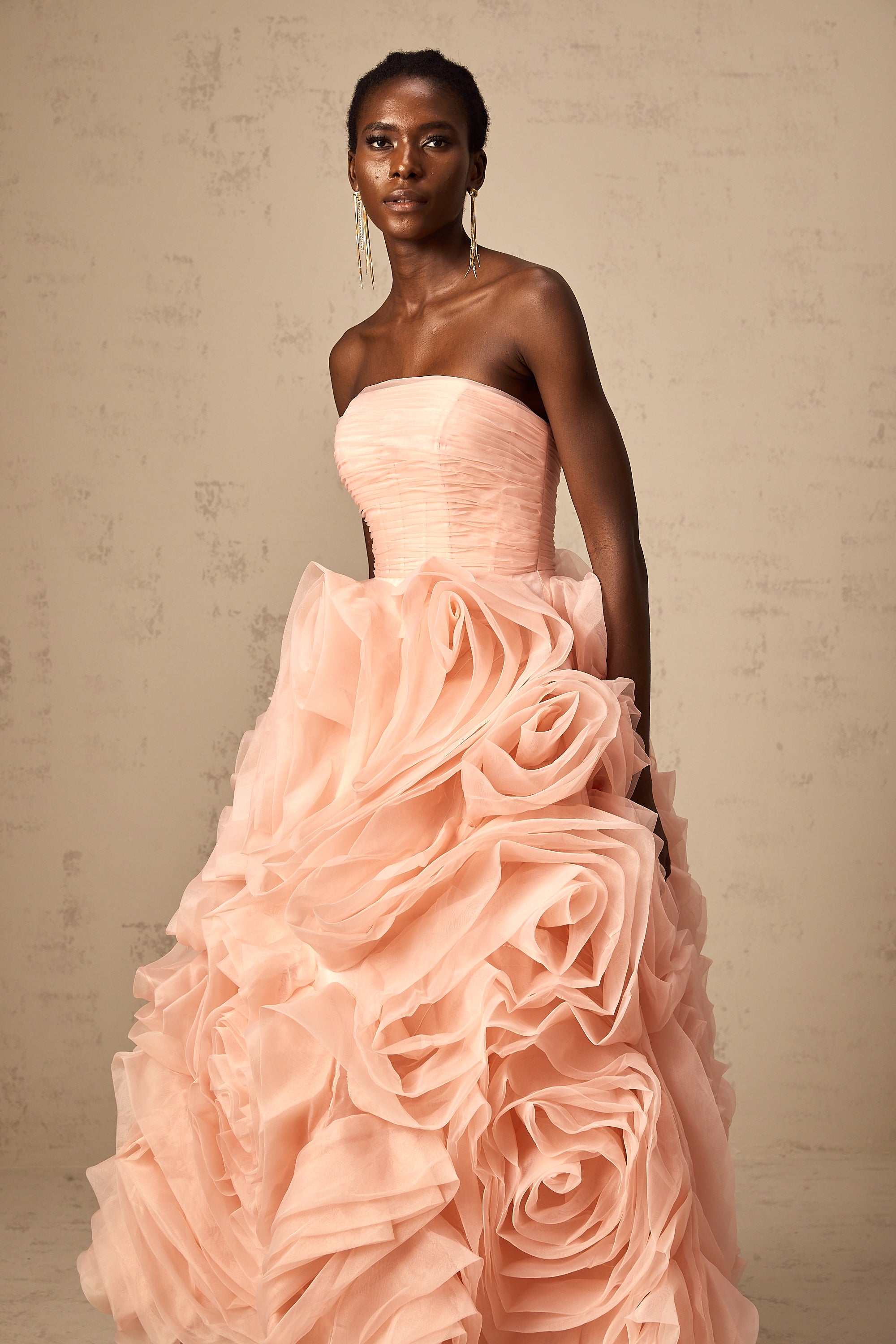 Leane pink off-shoulder 3d-petal tulle midi dress