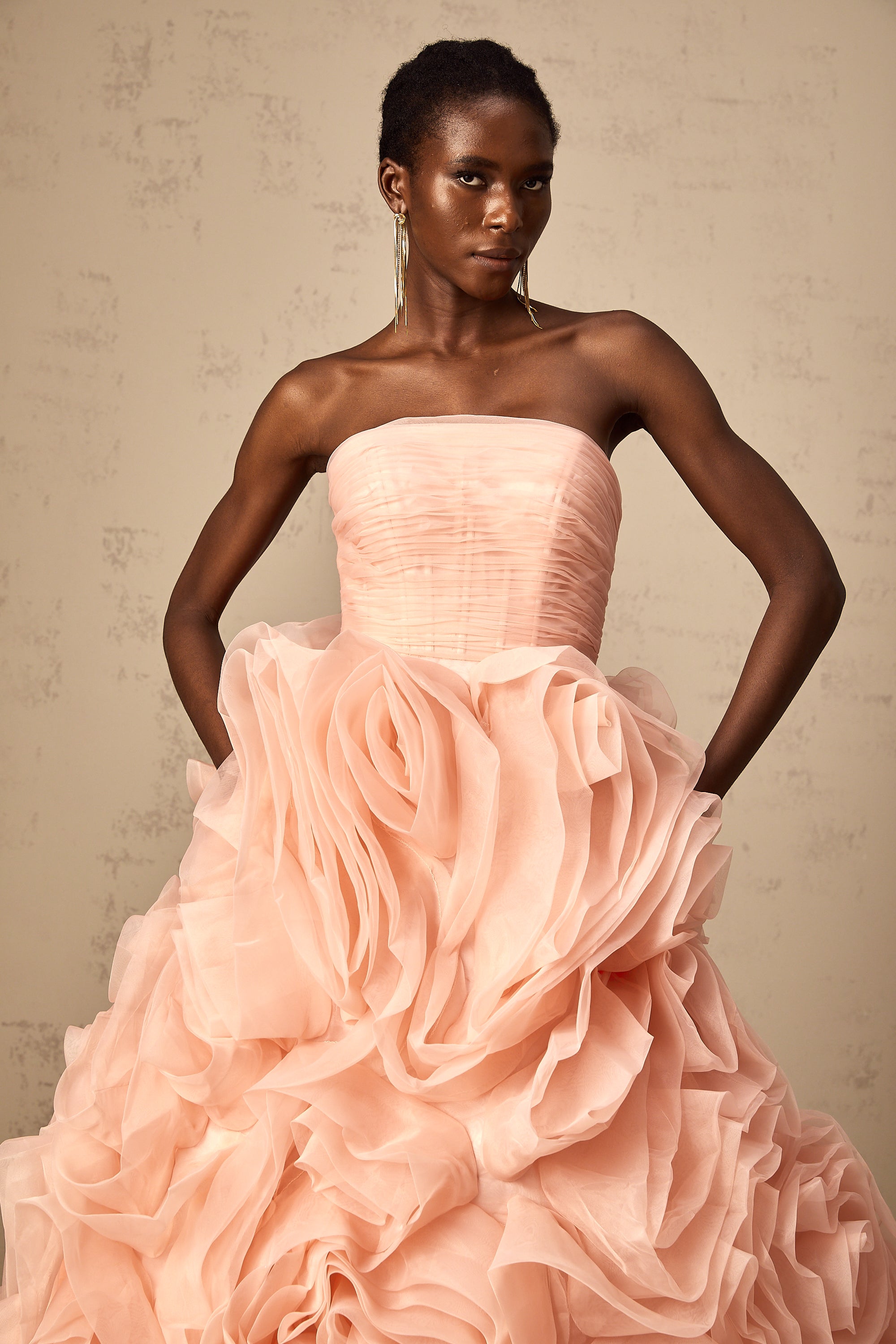 Leane pink off-shoulder 3d-petal tulle midi dress