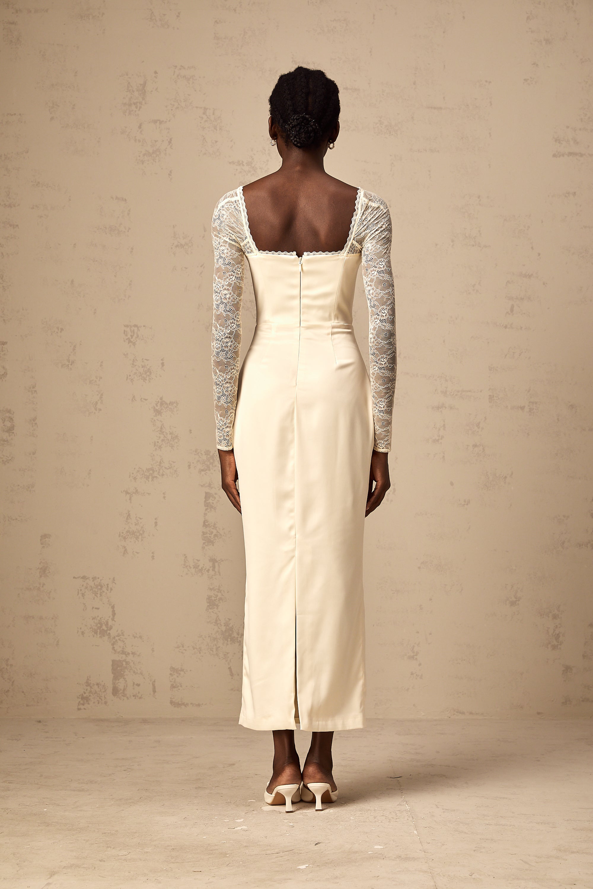 Aurore white satin lace-panel midi dress