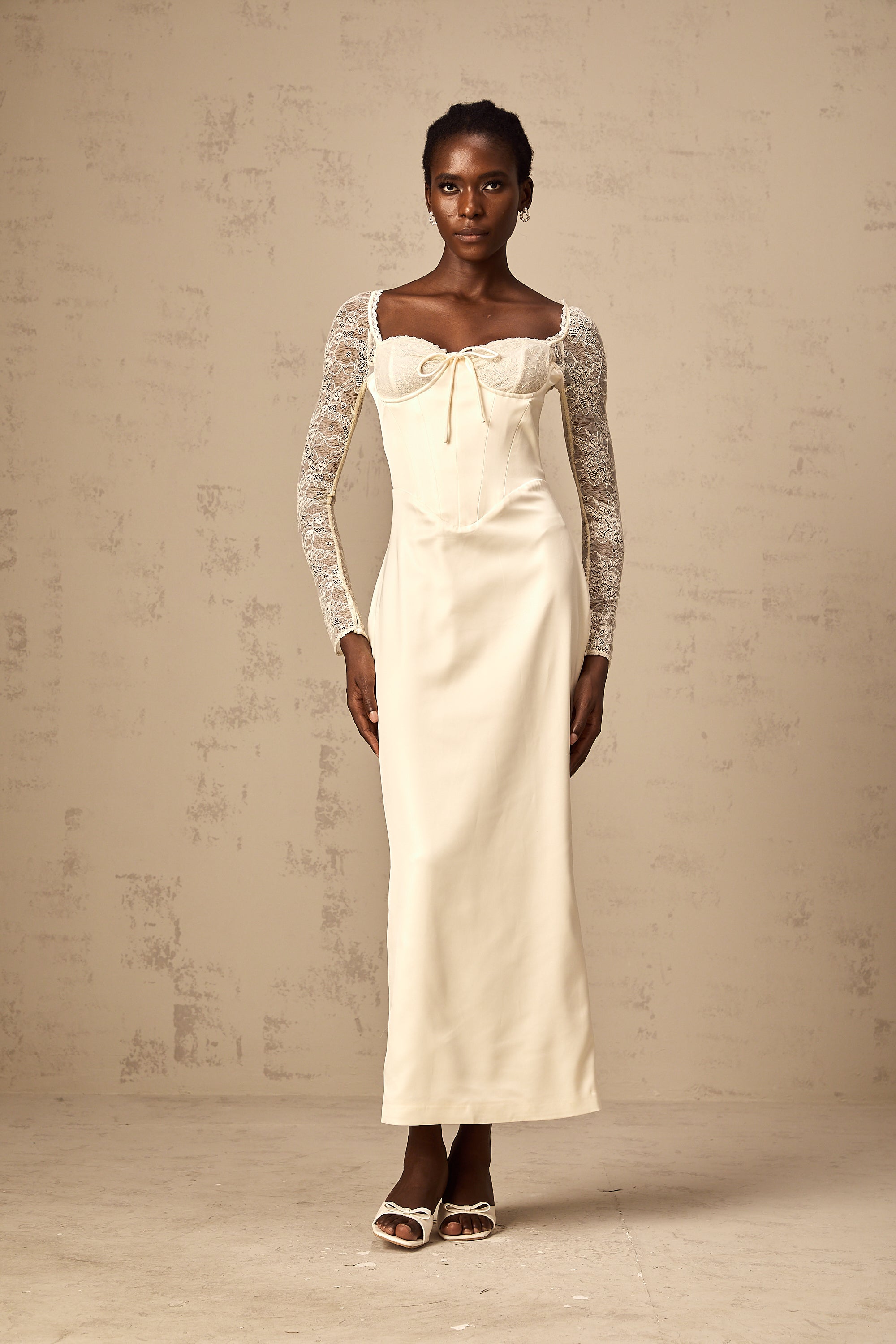 Aurore white satin lace-panel midi dress