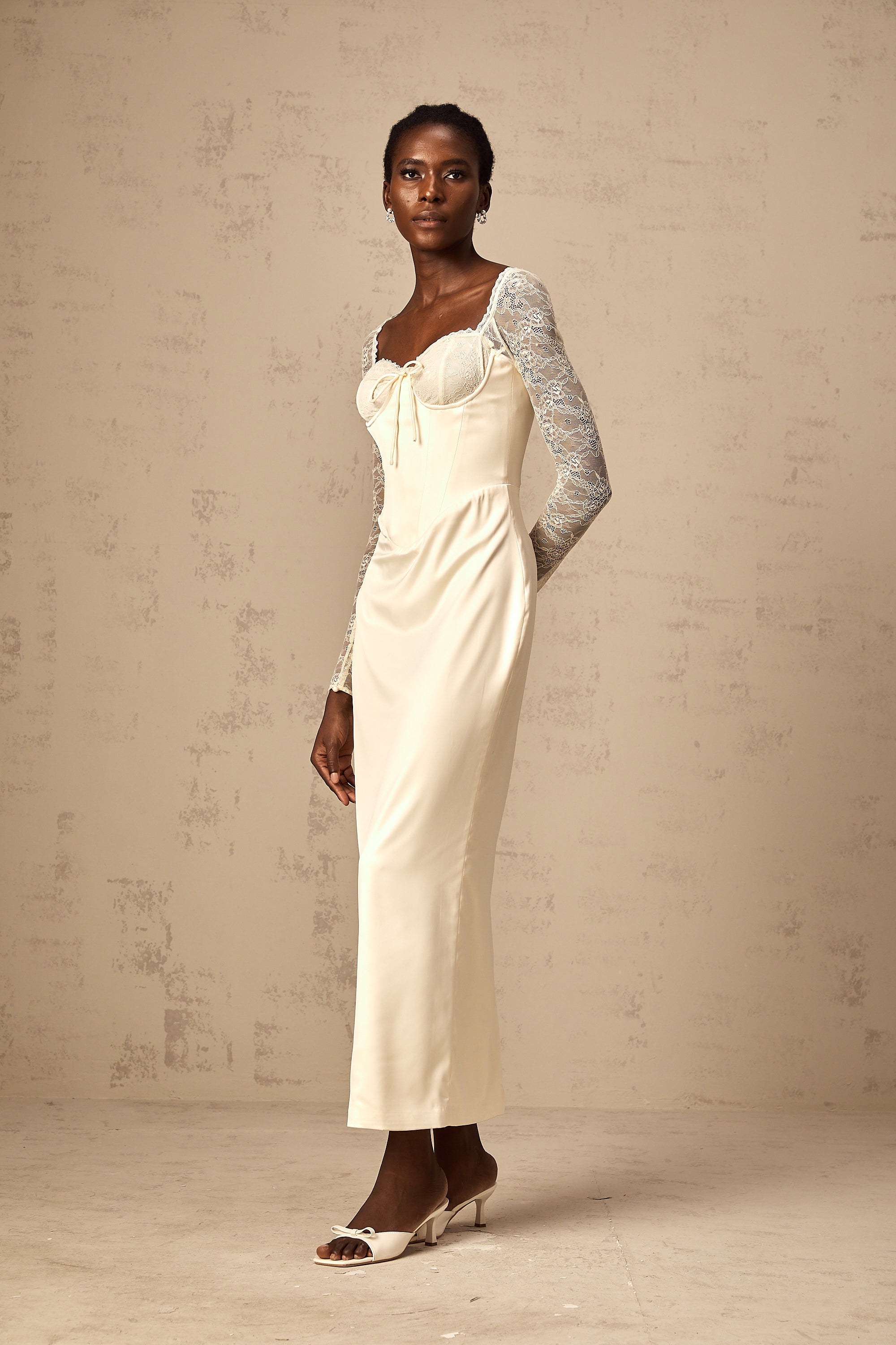 Aurore white satin lace-panel midi dress