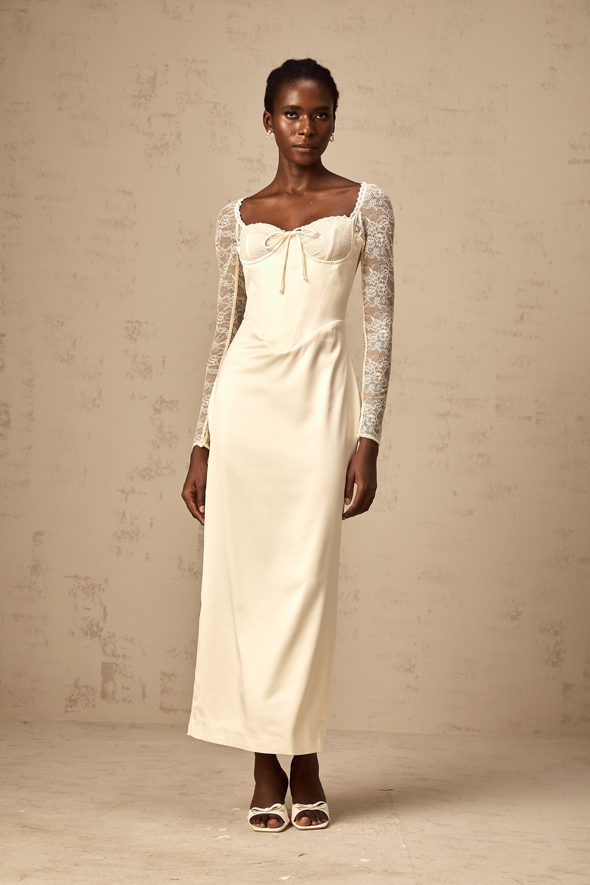 Aurore white satin lace-panel midi dress