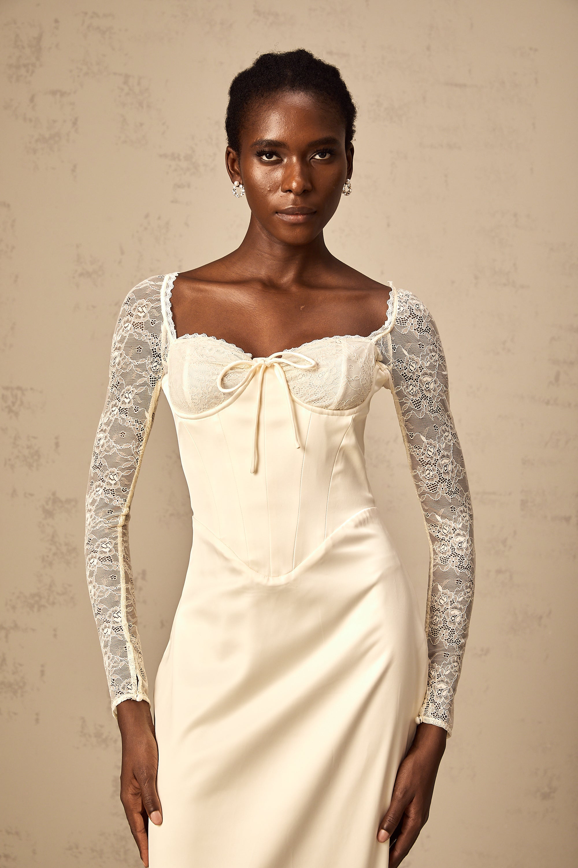 Aurore white satin lace-panel midi dress