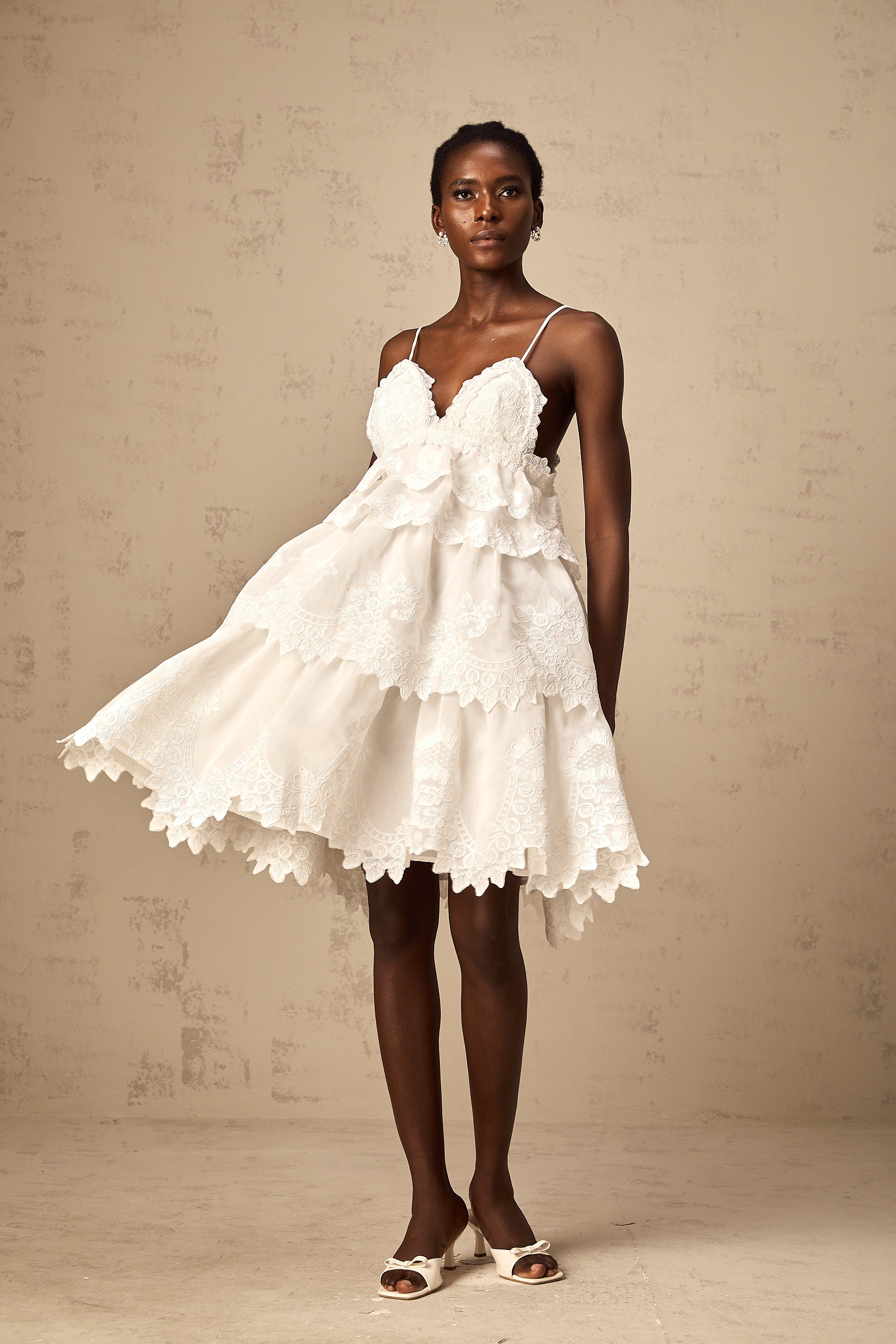 Valeria white guipure-lace tiered mini dress