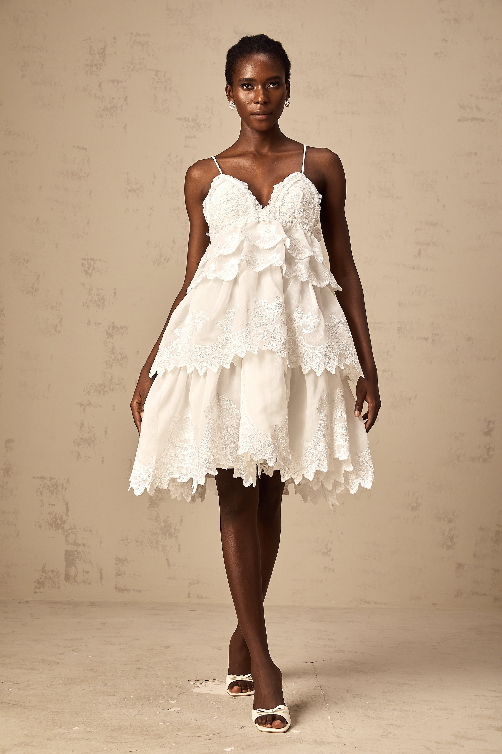 Valeria white guipure-lace tiered mini dress