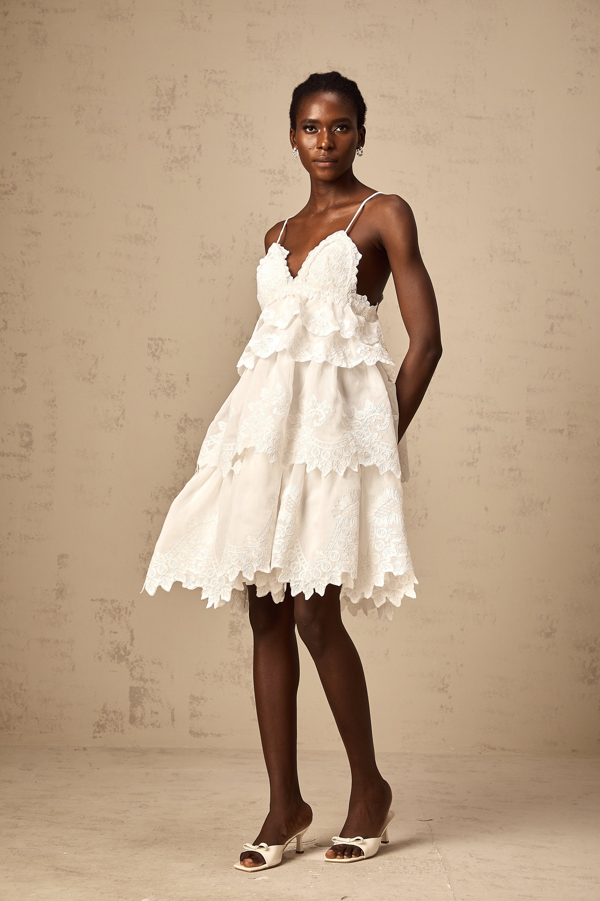 Valeria white guipure-lace tiered mini dress