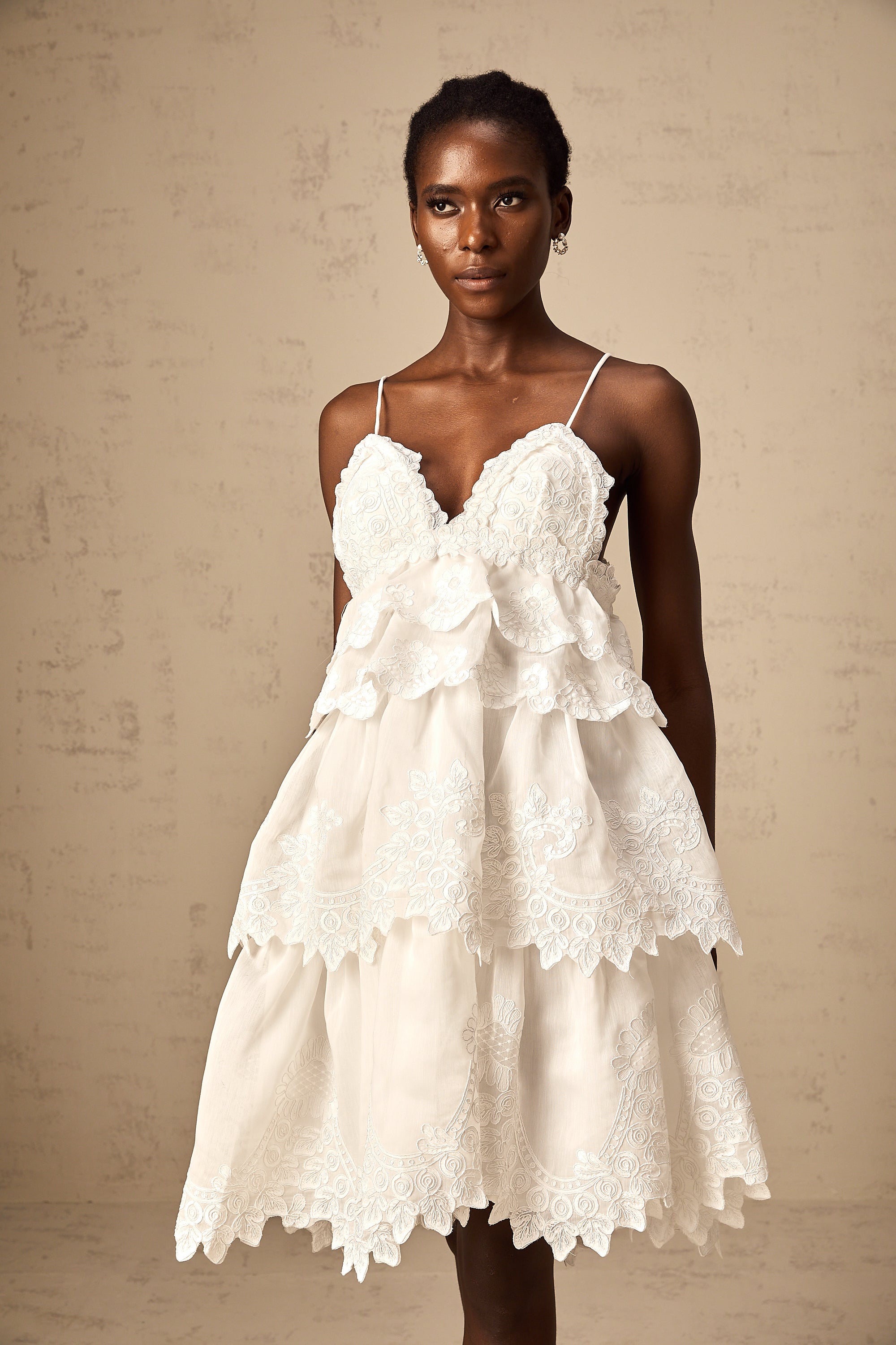 Valeria white guipure-lace tiered mini dress