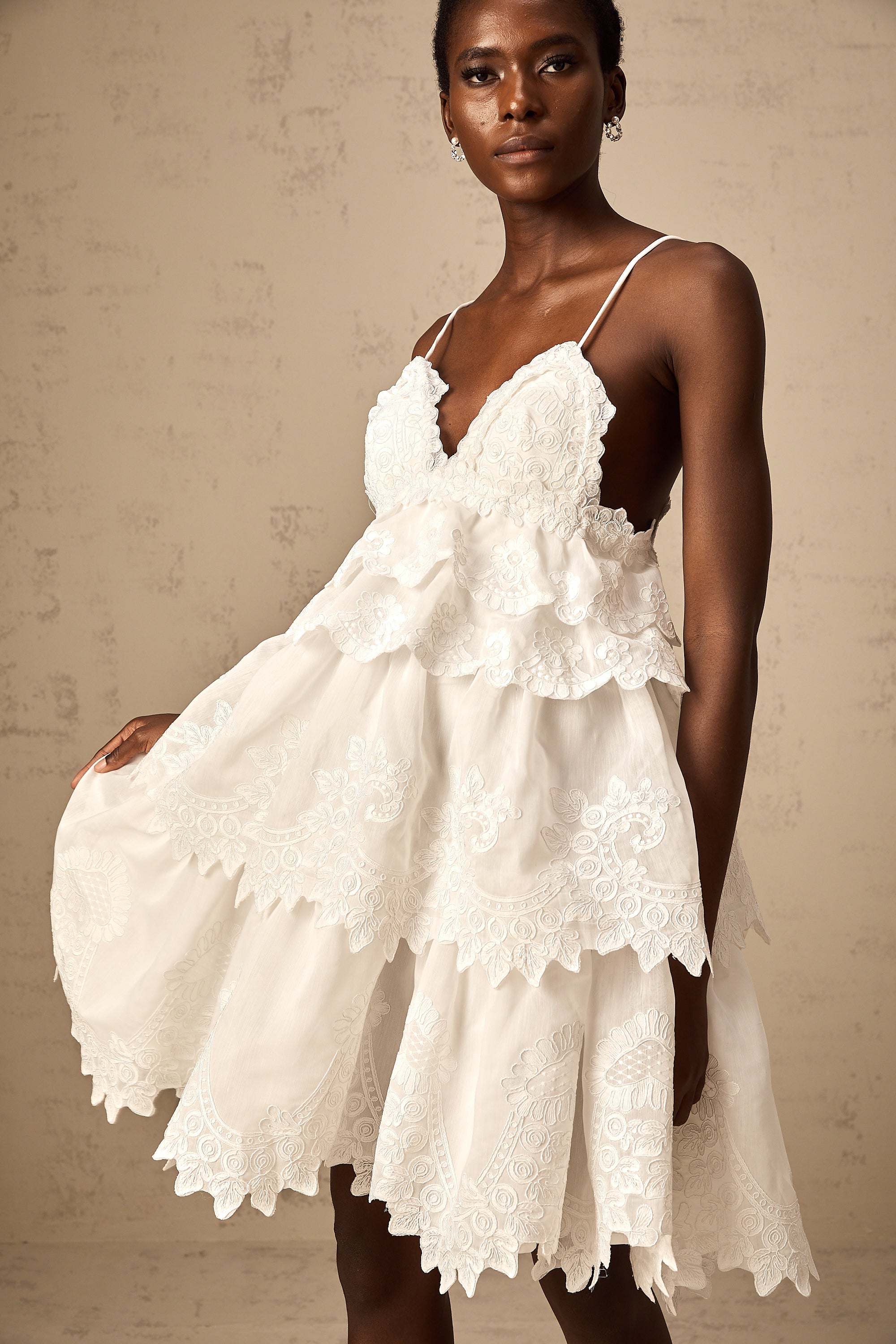 Valeria white guipure-lace tiered mini dress