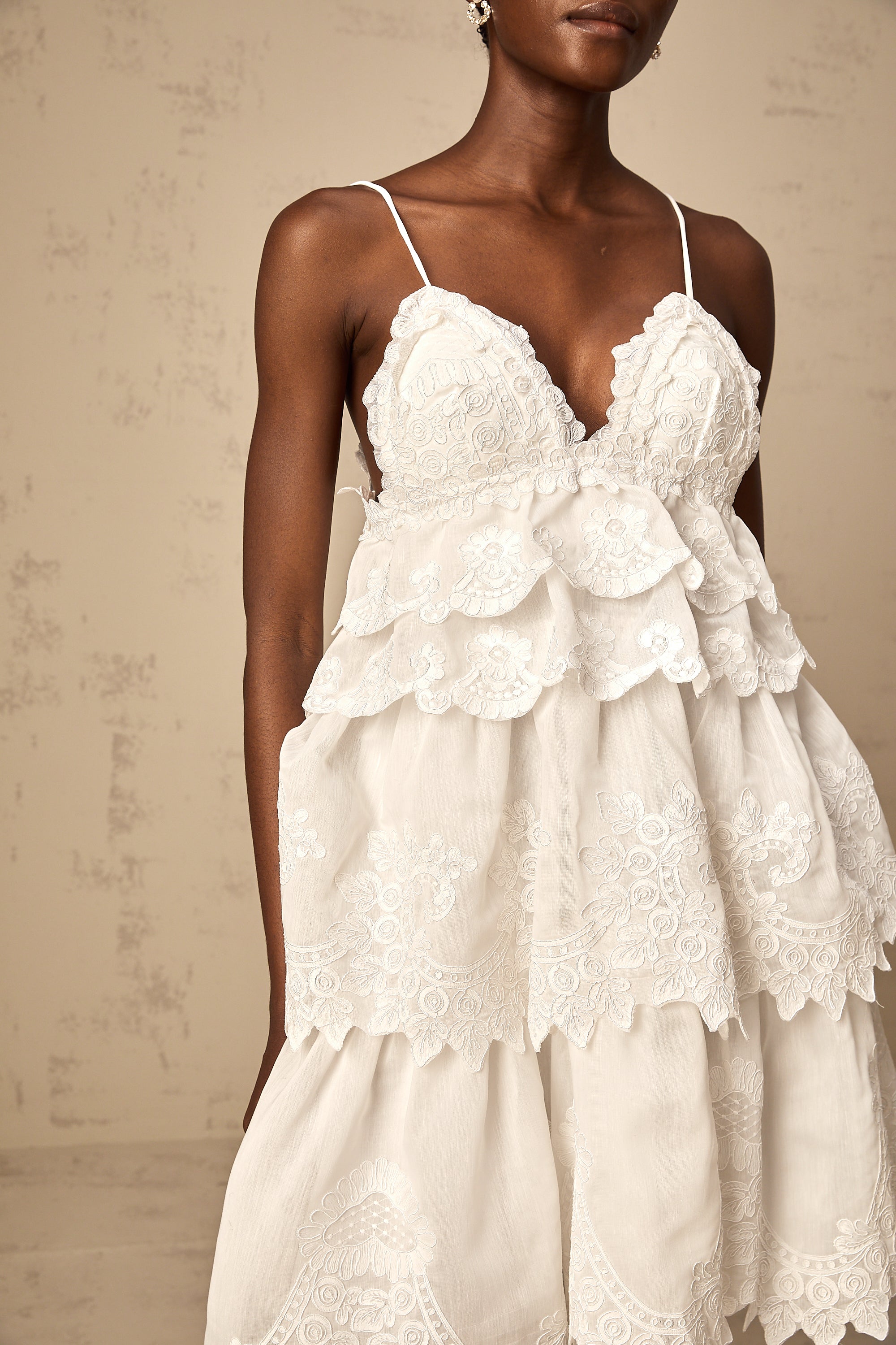 Valeria white guipure-lace tiered mini dress