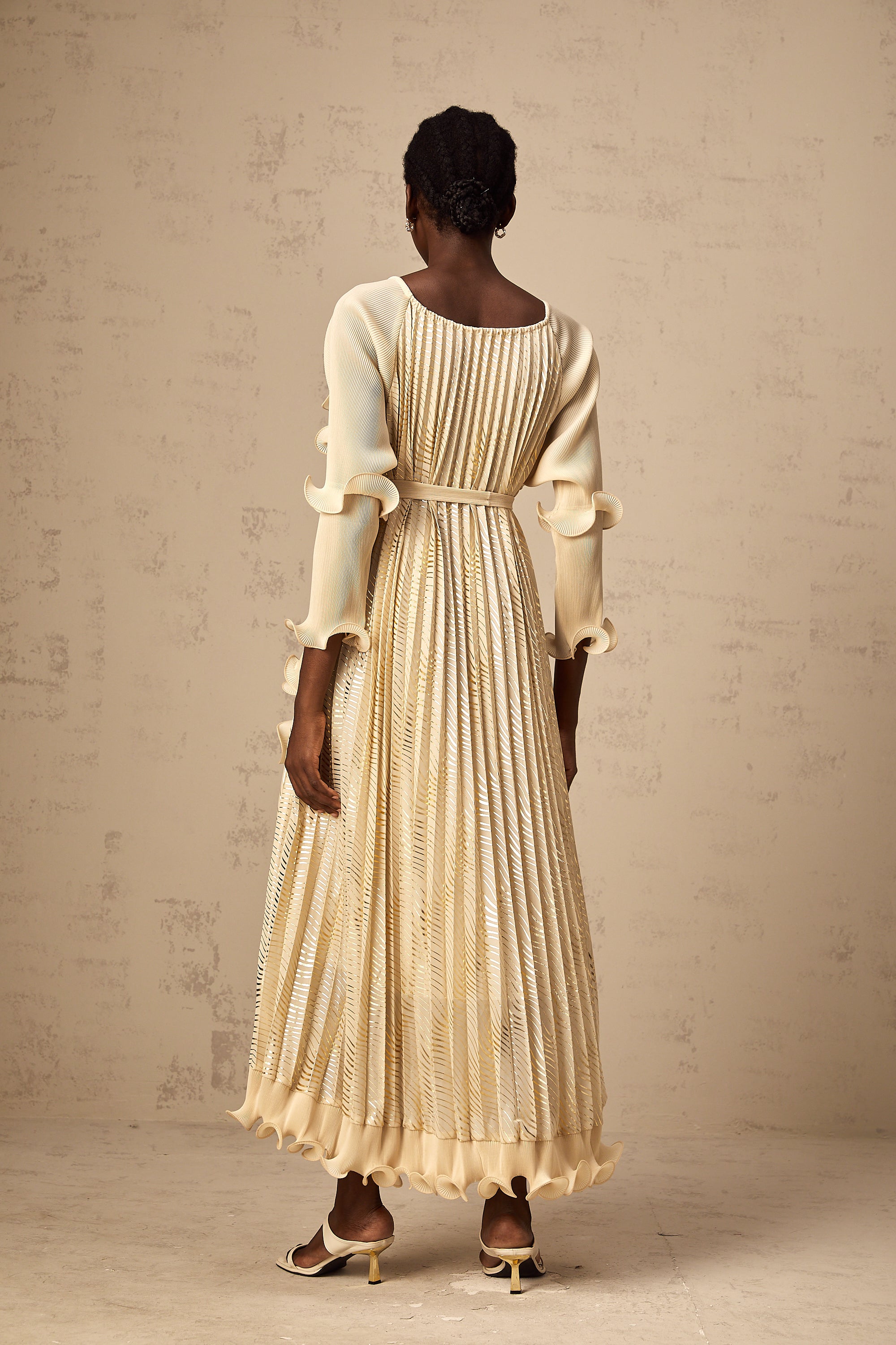 Ellie neutrals gilded ruffled midi dress