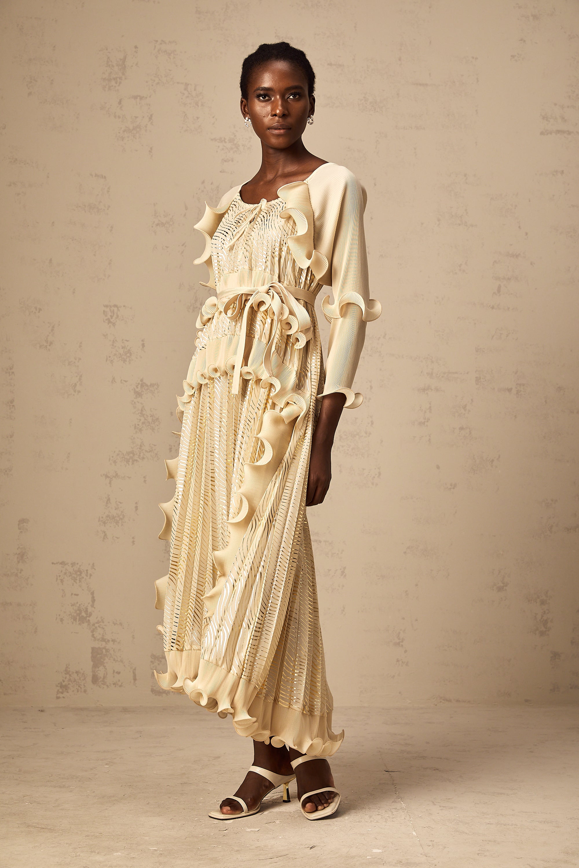 Ellie neutrals gilded ruffled midi dress