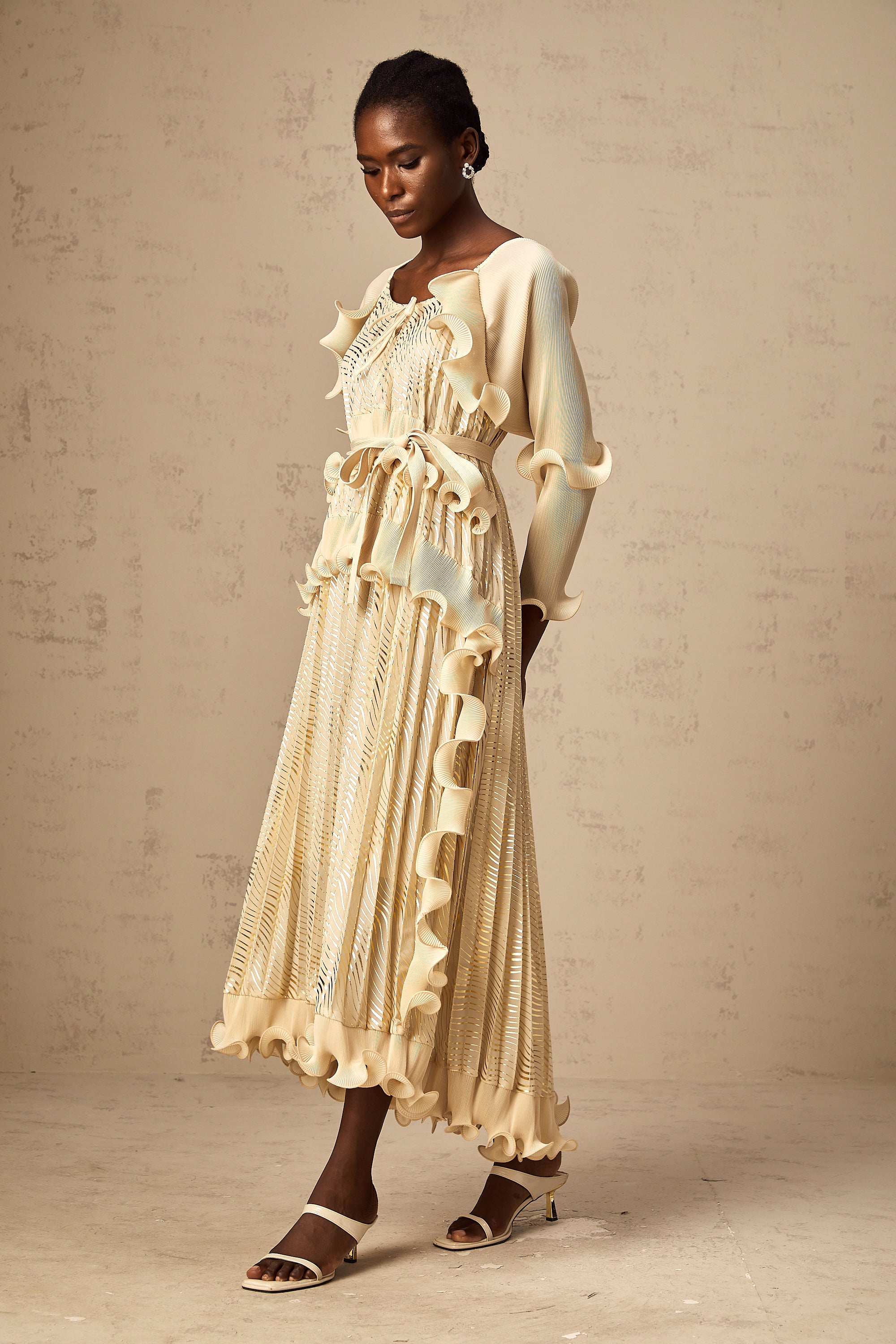 Ellie neutrals gilded ruffled midi dress