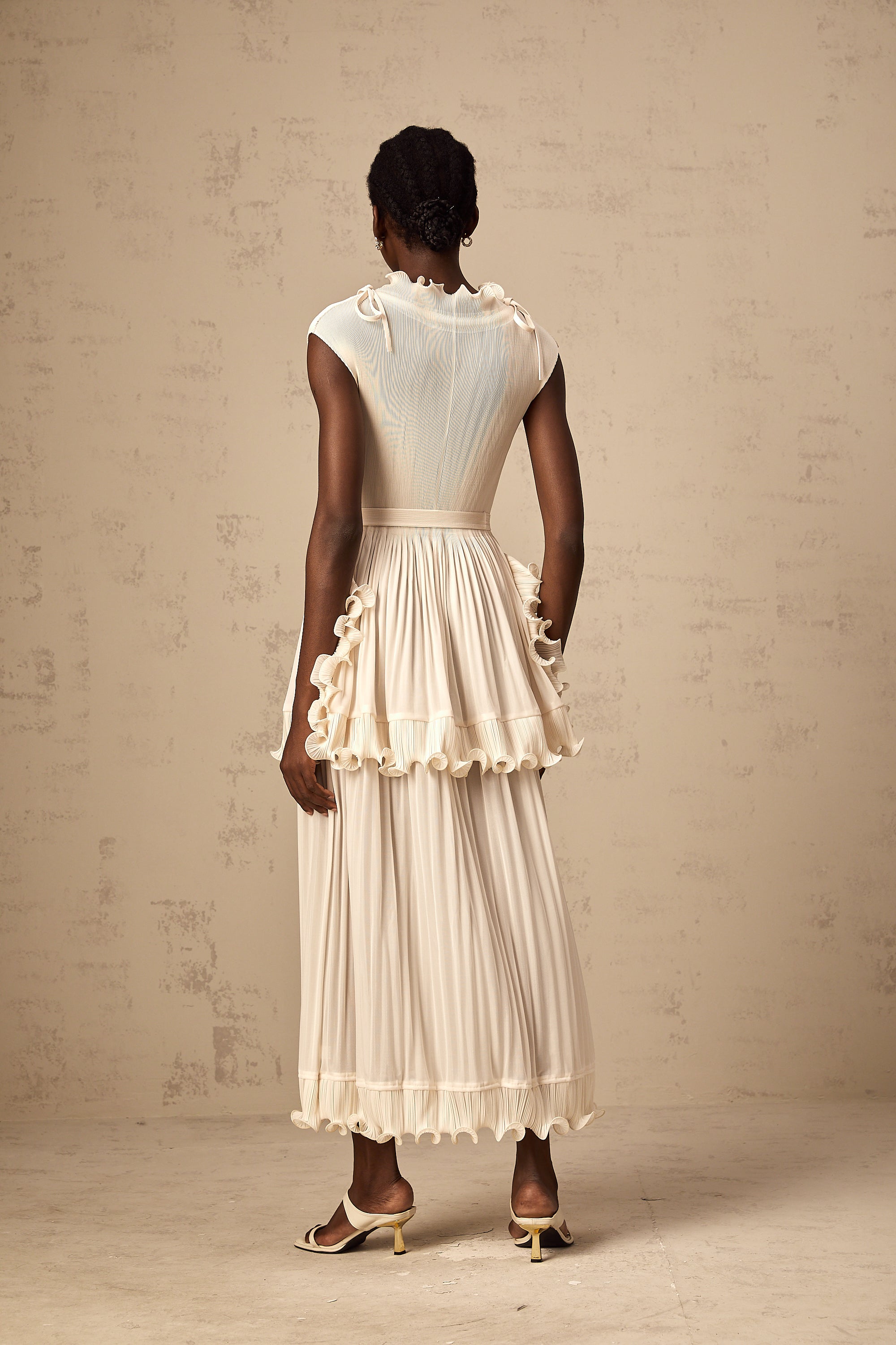 Diana white ruffle pleated sleeveless maxi dress