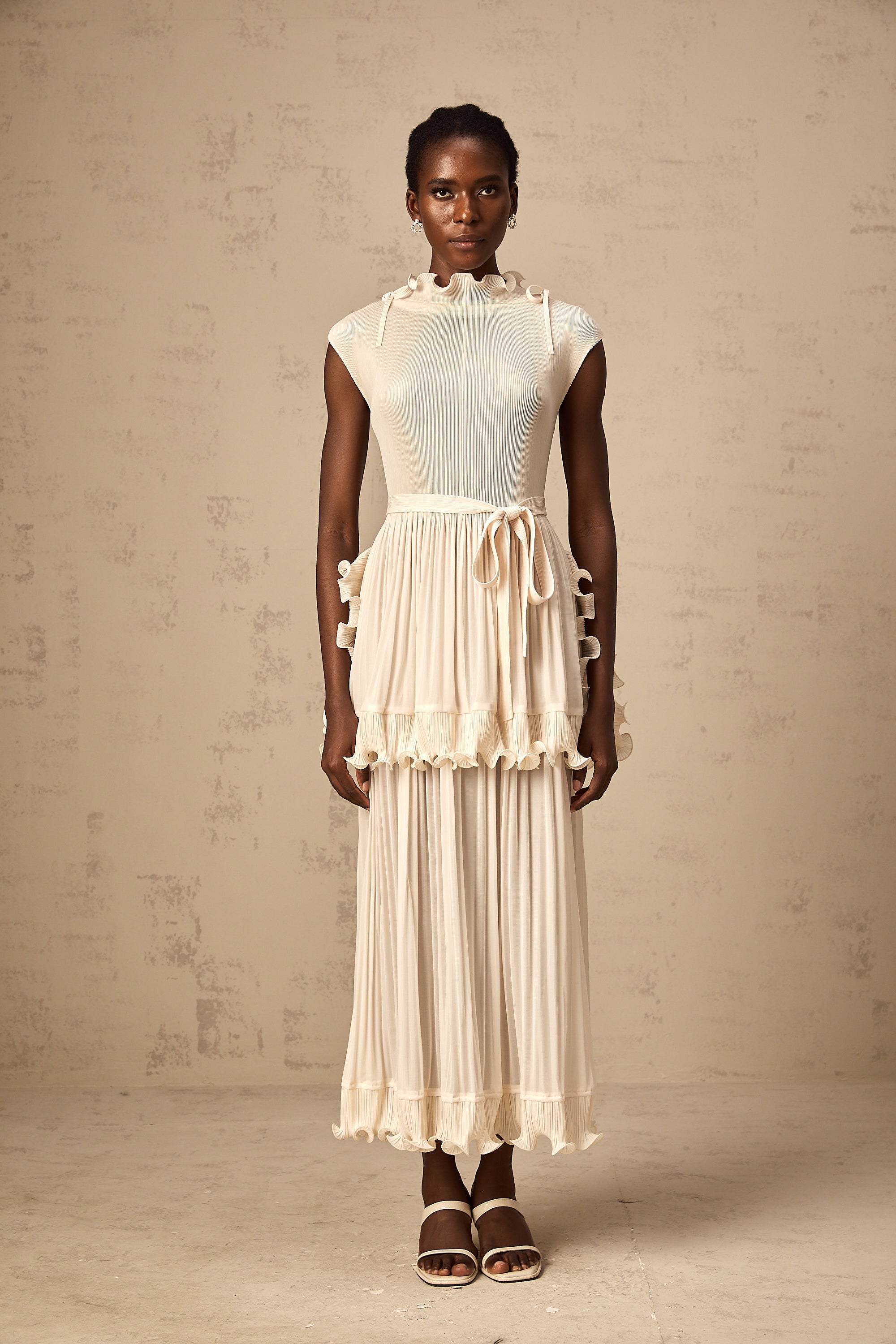 Diana white ruffle pleated sleeveless maxi dress