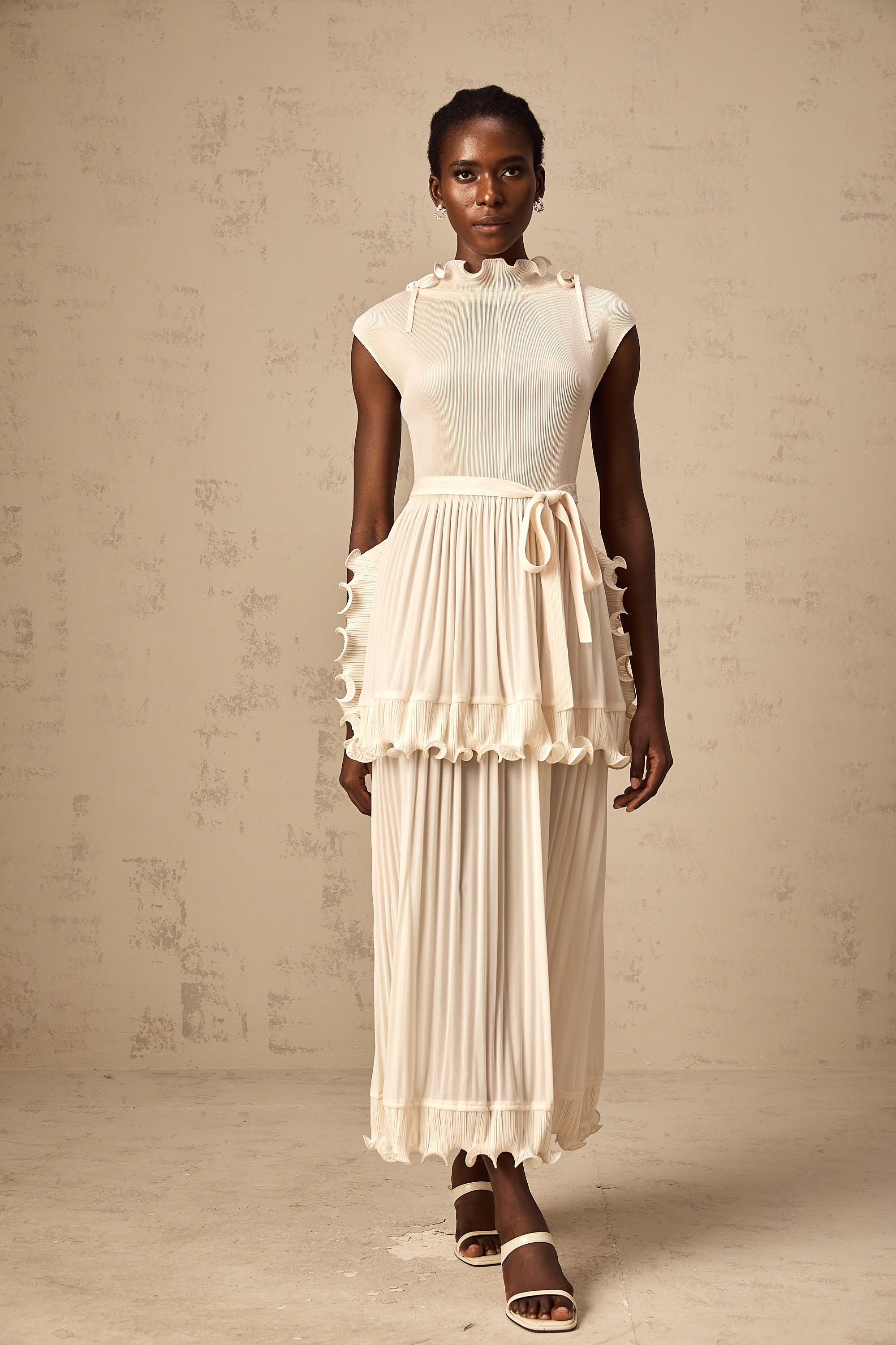 Diana white ruffle pleated sleeveless maxi dress