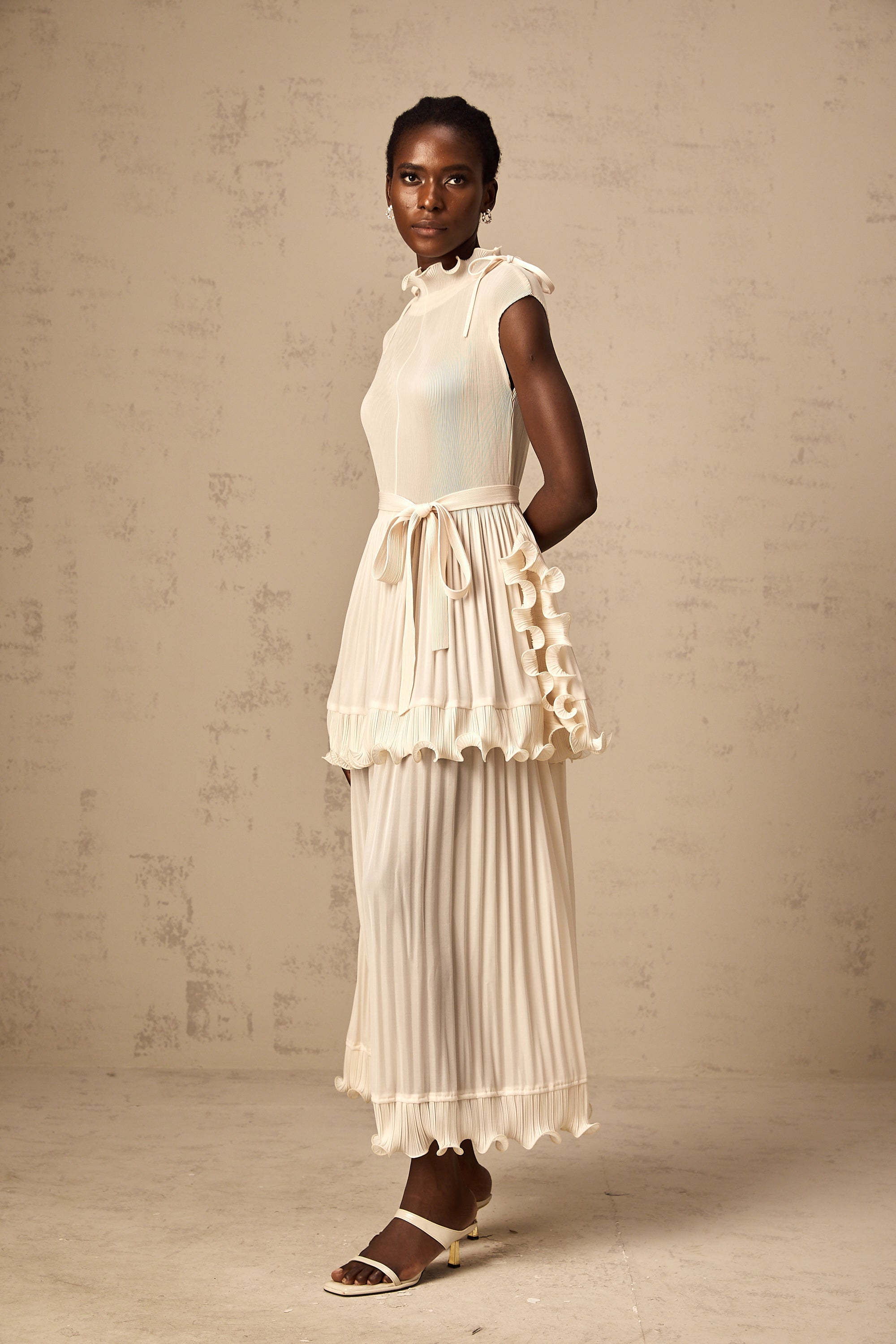 Diana white ruffle pleated sleeveless maxi dress