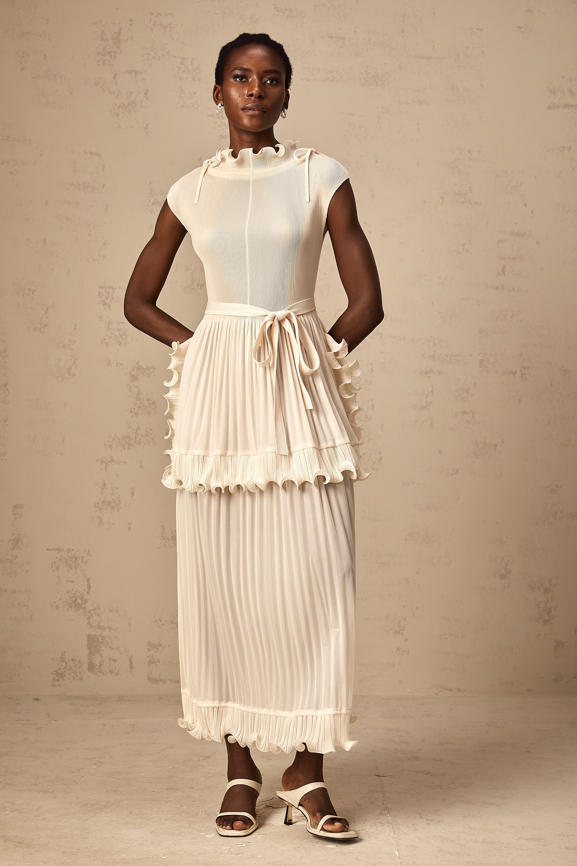 Diana white ruffle pleated sleeveless maxi dress