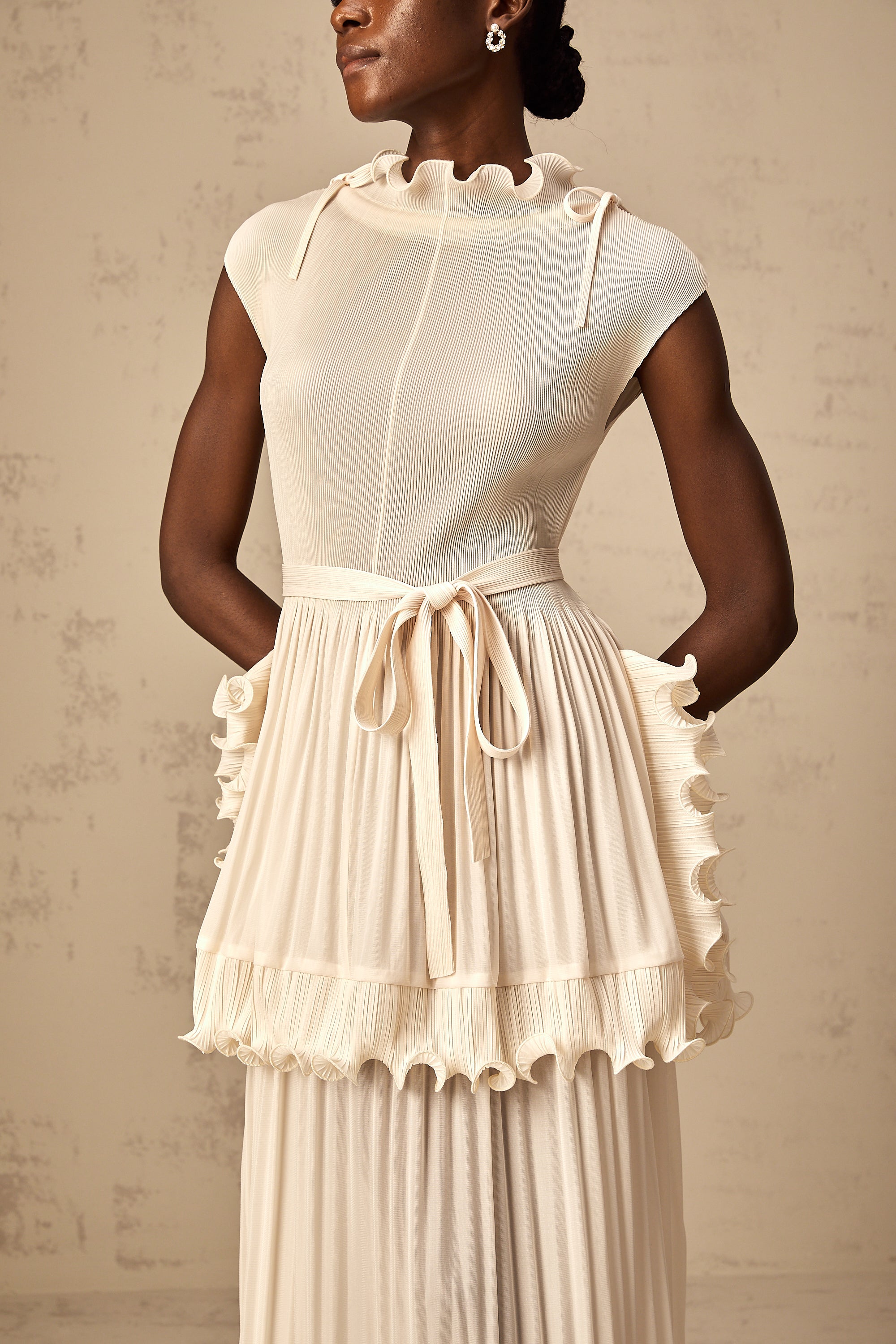 Diana white ruffle pleated sleeveless maxi dress