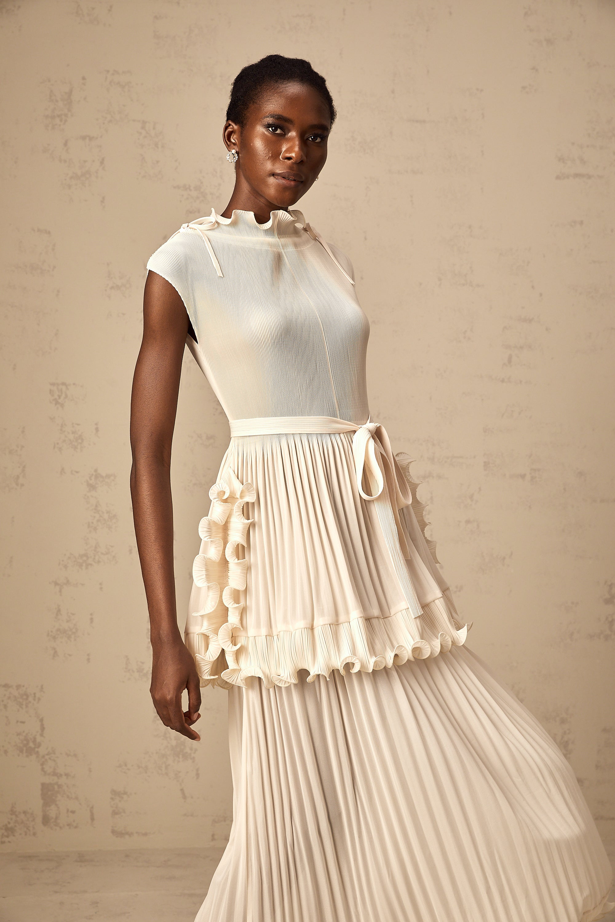 Diana white ruffle pleated sleeveless maxi dress