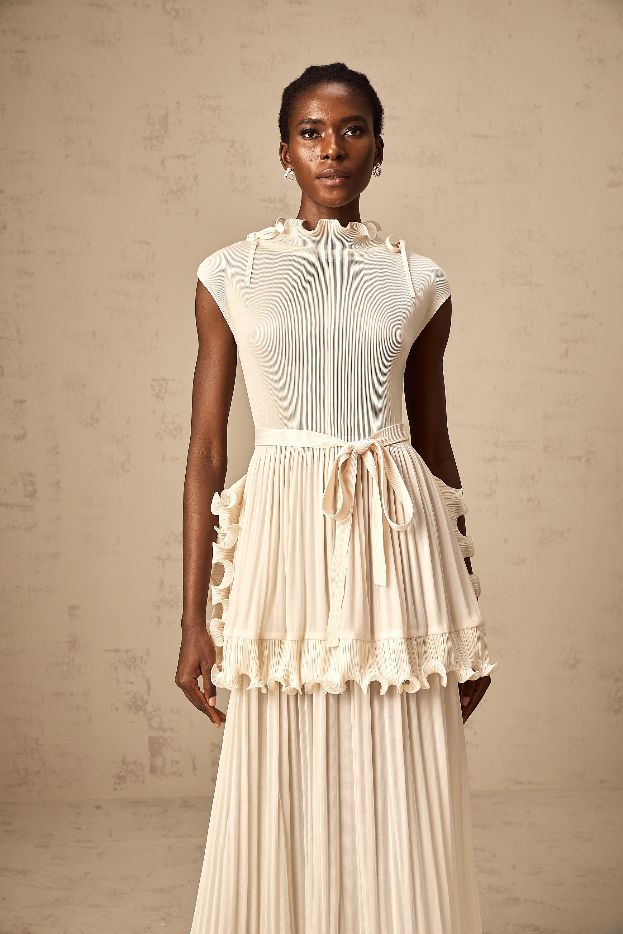 Diana white ruffle pleated sleeveless maxi dress