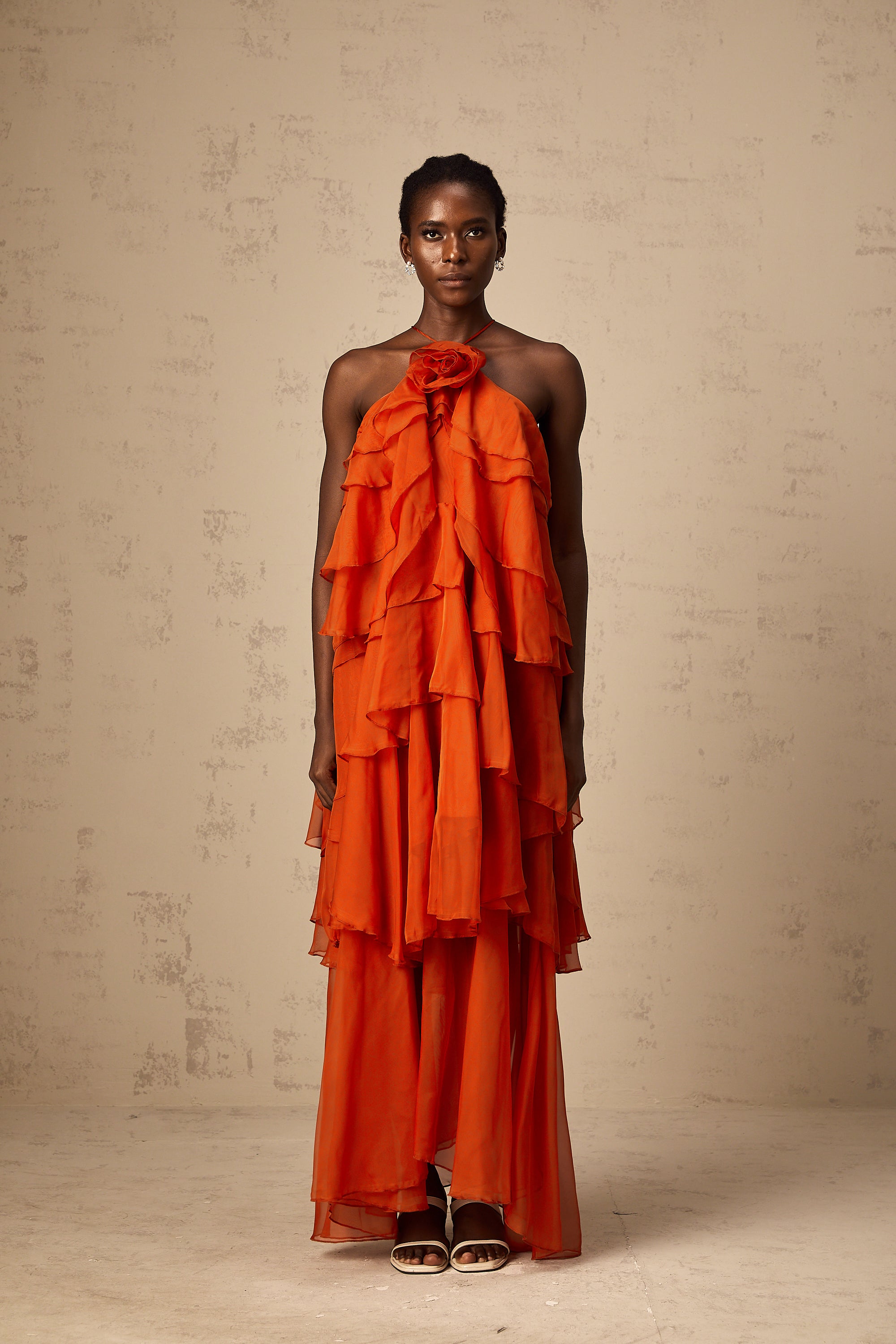 Carrie orange halterneck flounced maxi dress