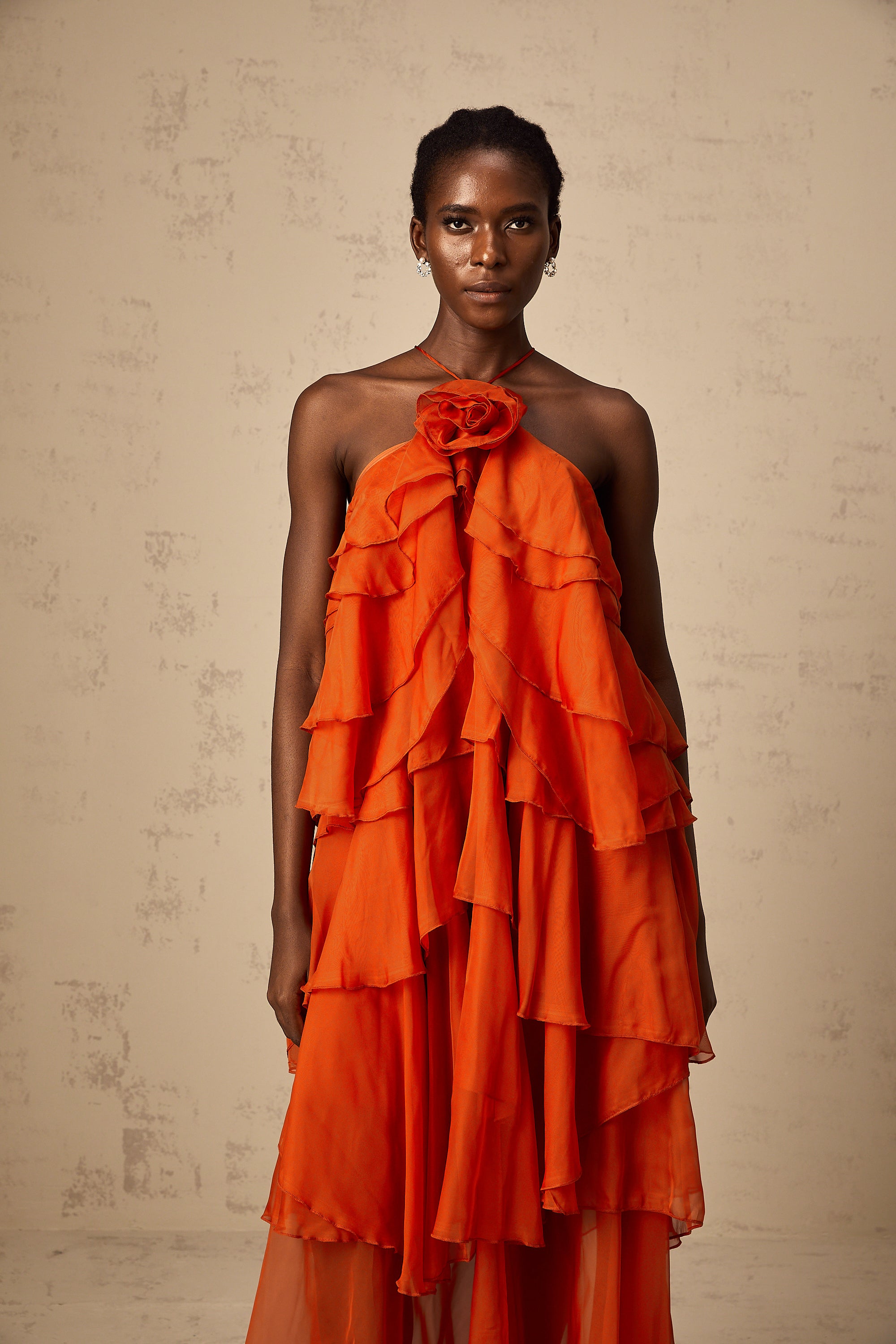 Carrie orange halterneck flounced maxi dress