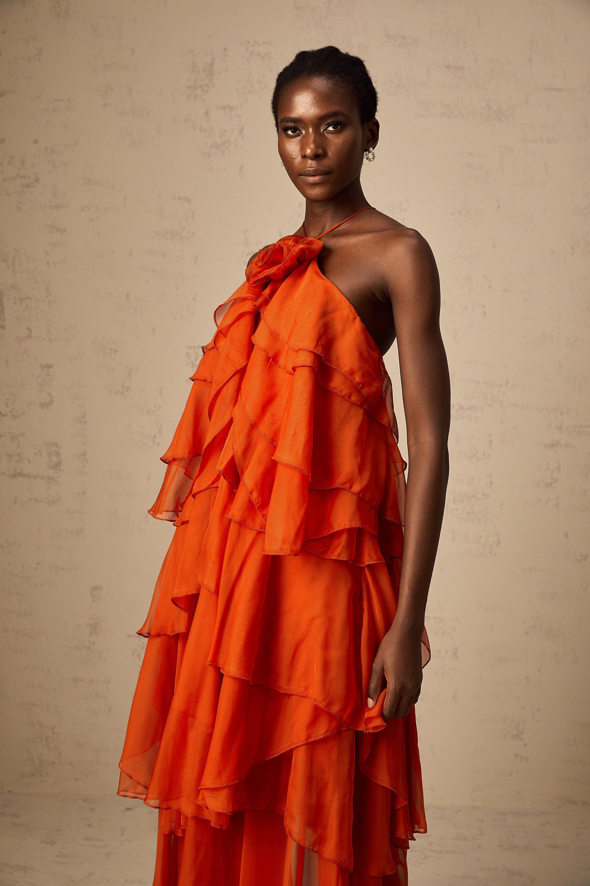 Carrie orange halterneck flounced maxi dress