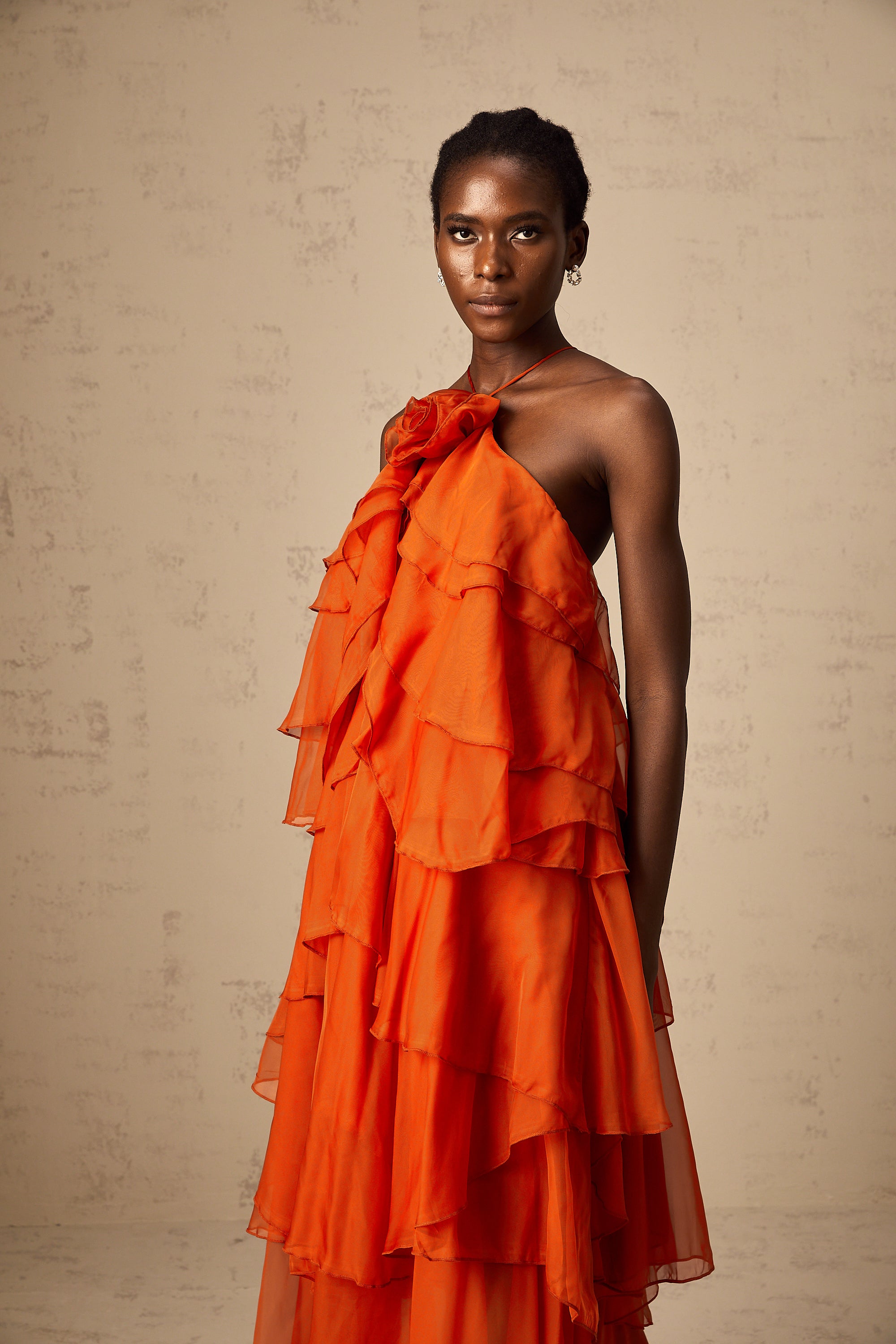 Carrie orange halterneck flounced maxi dress