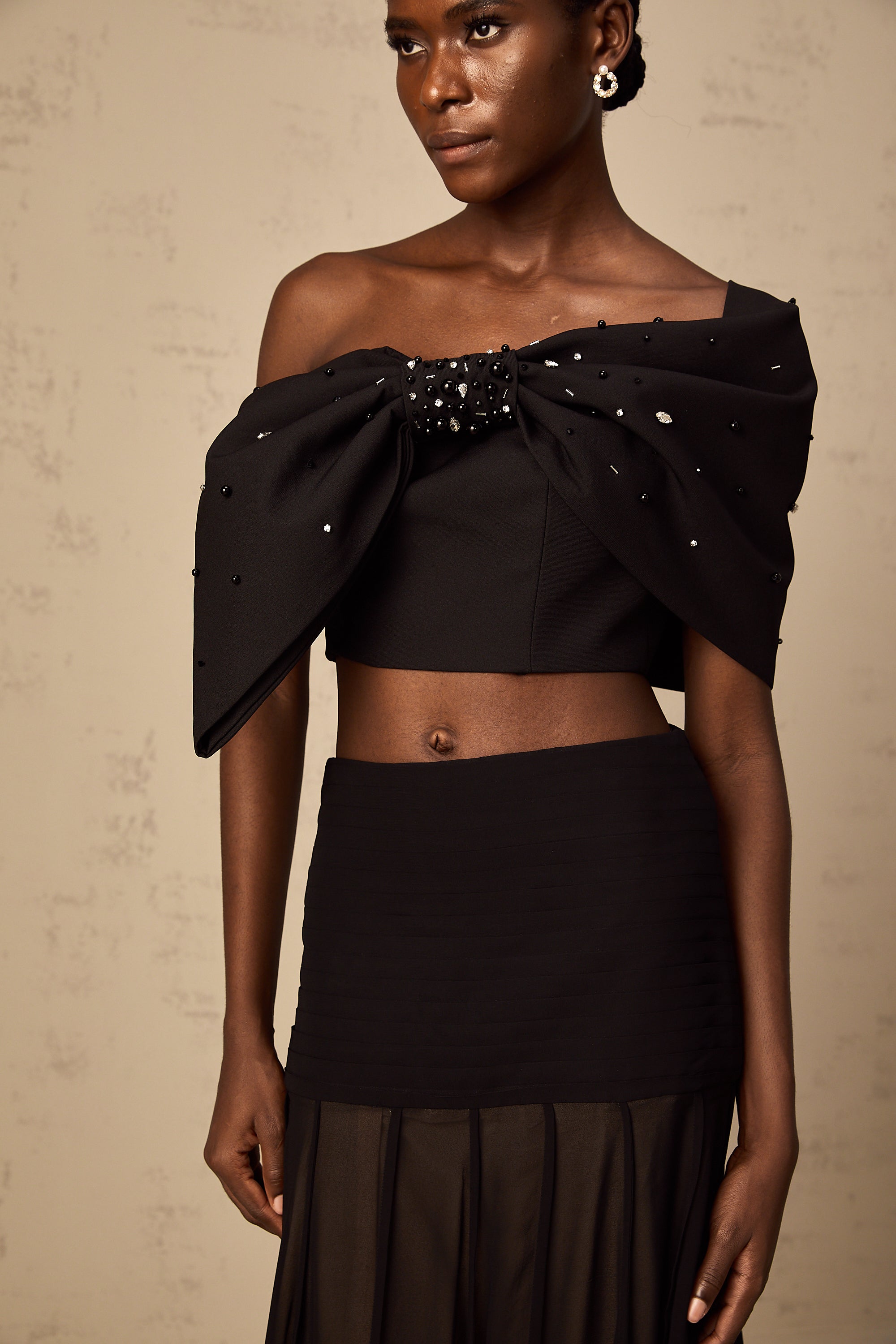 Allison black bow-detail asymmetric corset top