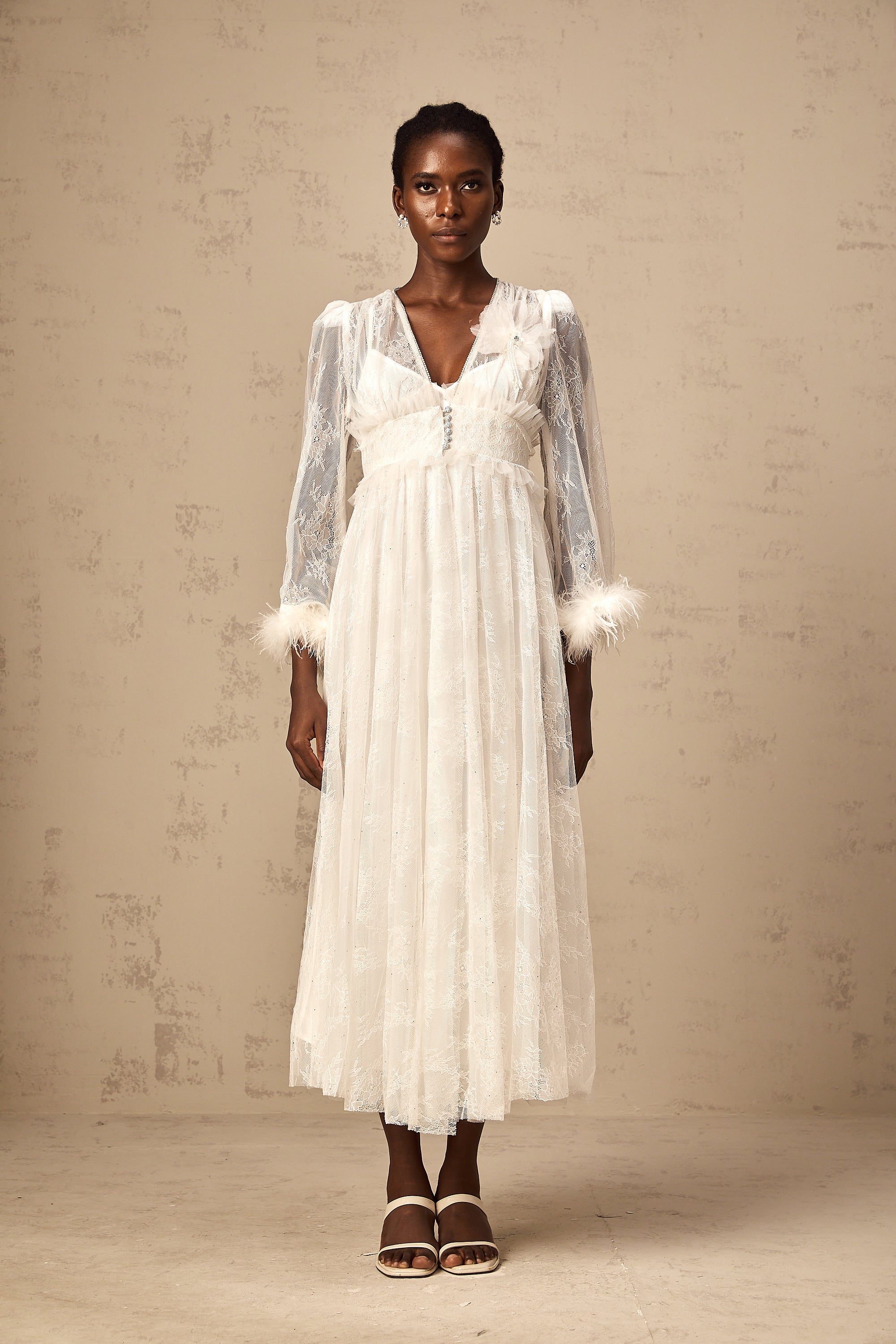 Vera white studded floral-lace maxi dress