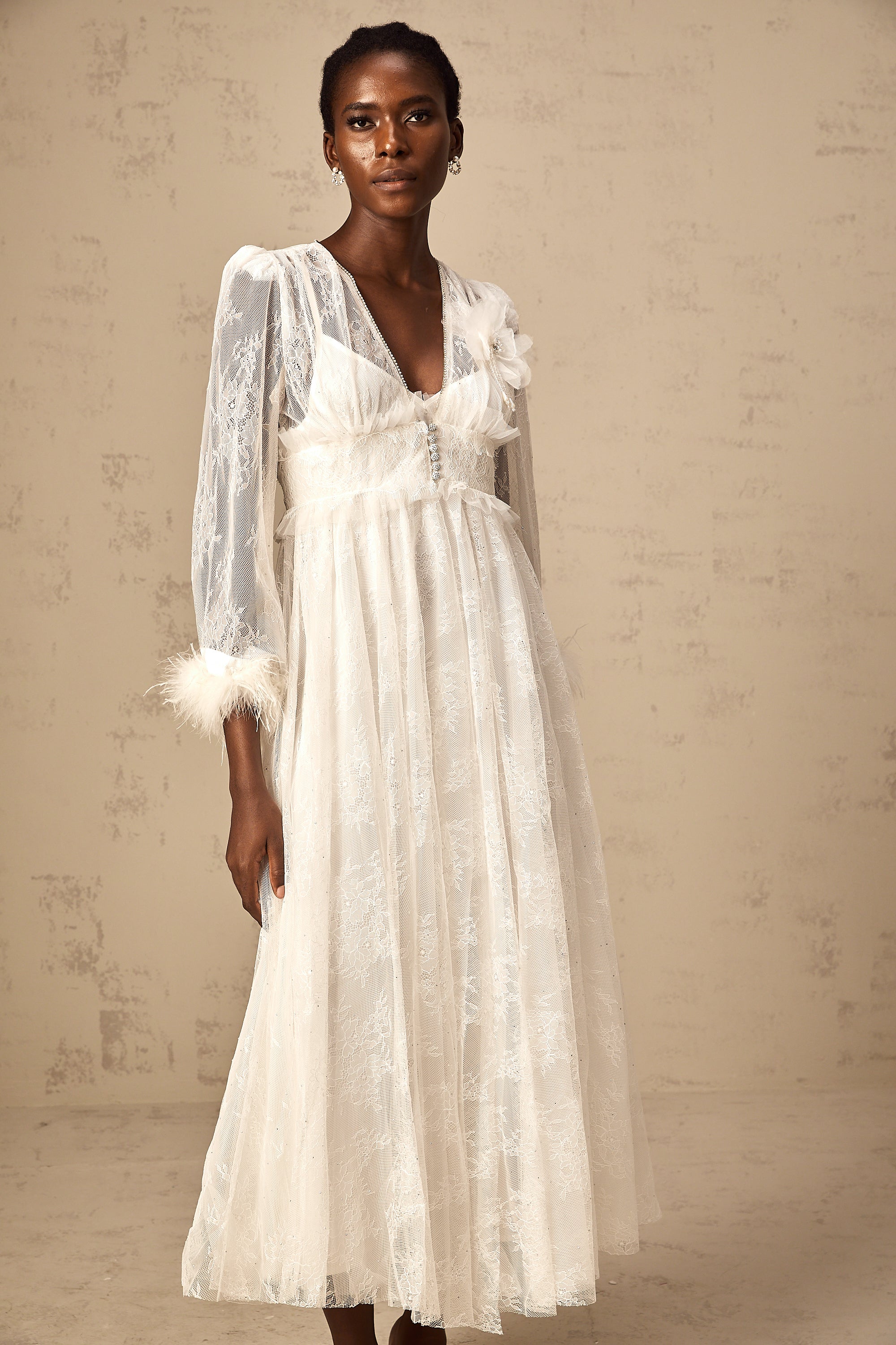 Vera white studded floral-lace maxi dress