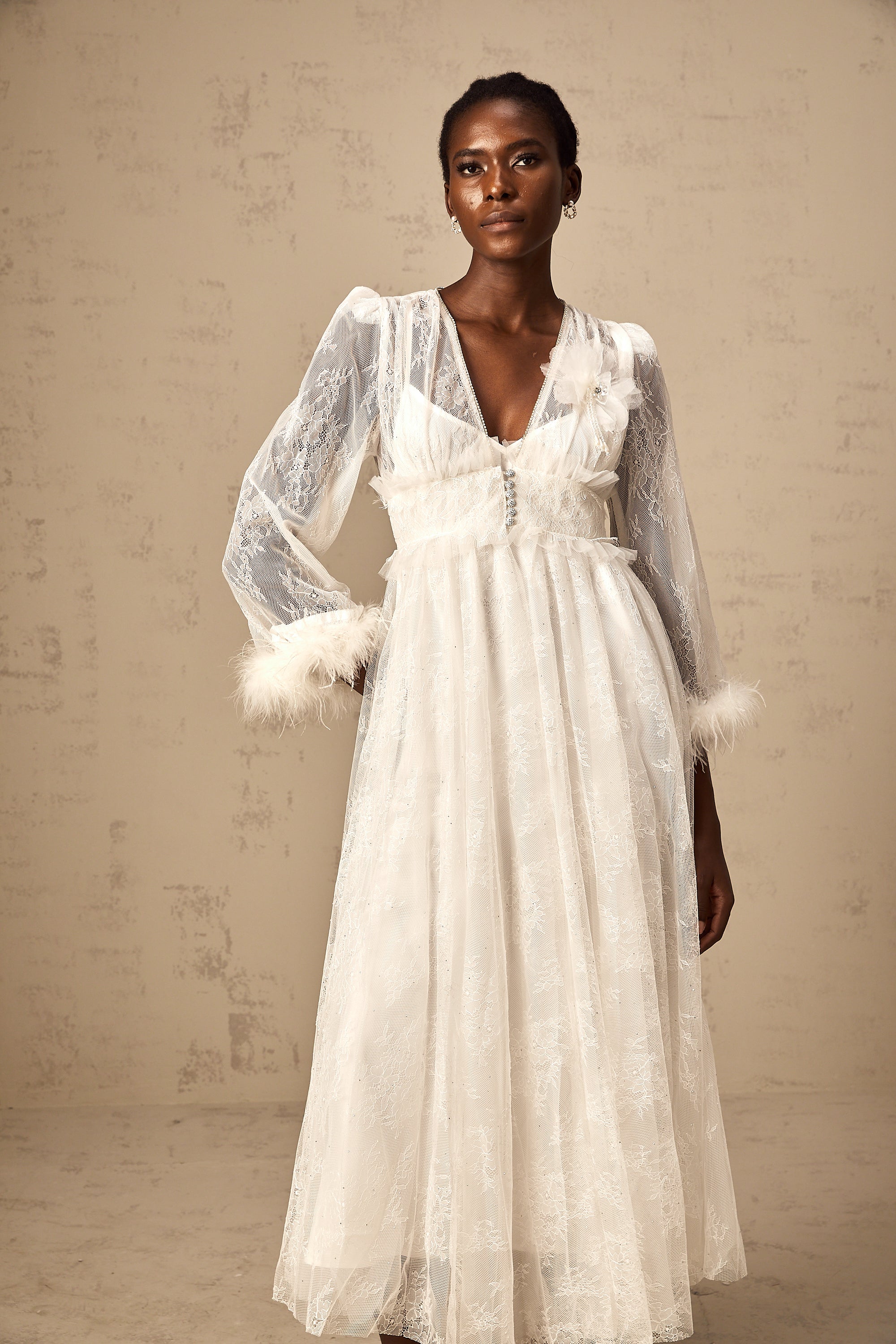 Vera white studded floral-lace maxi dress