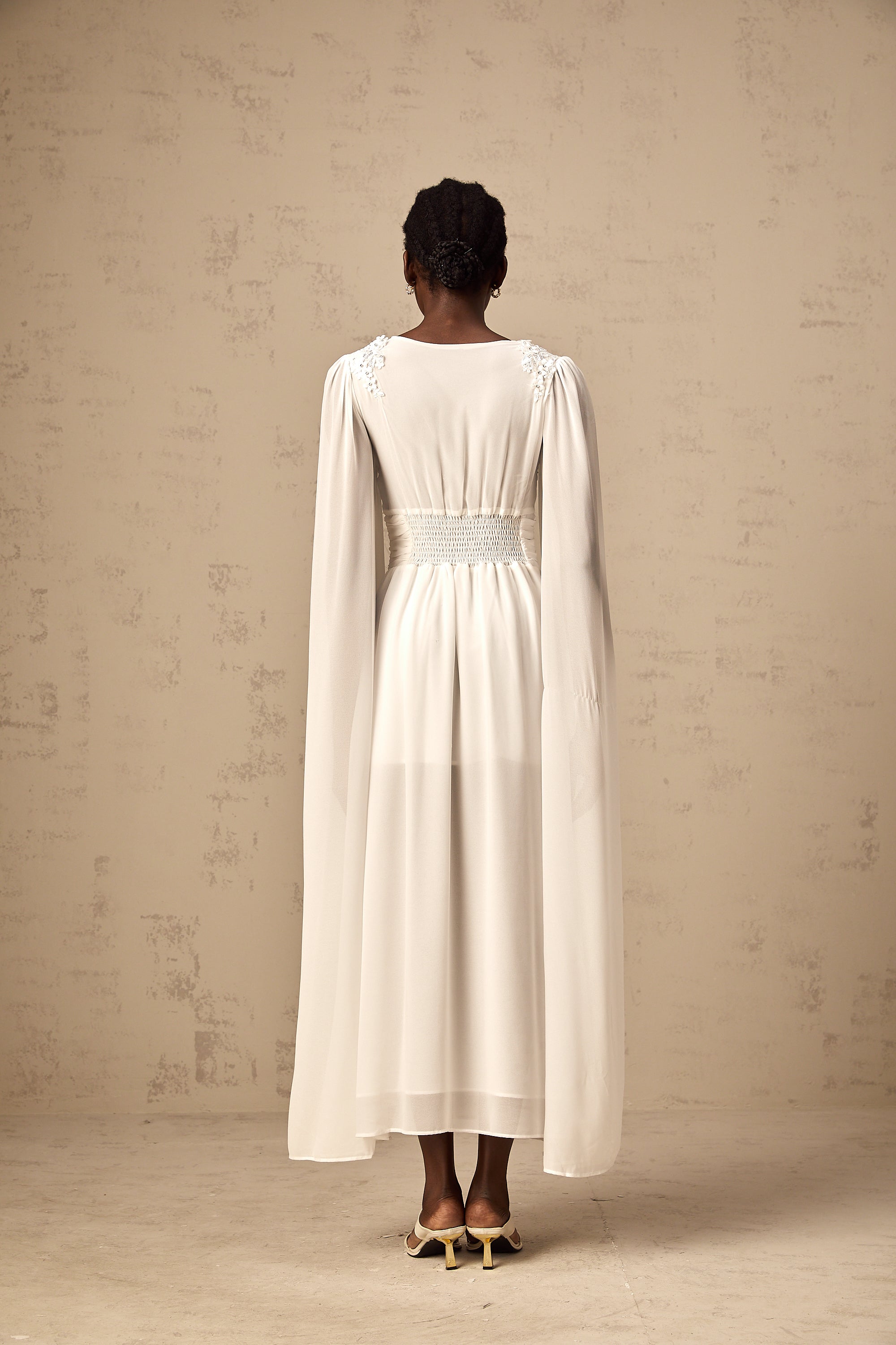 Sylvie white slit-sleeve beaded chiffon gown