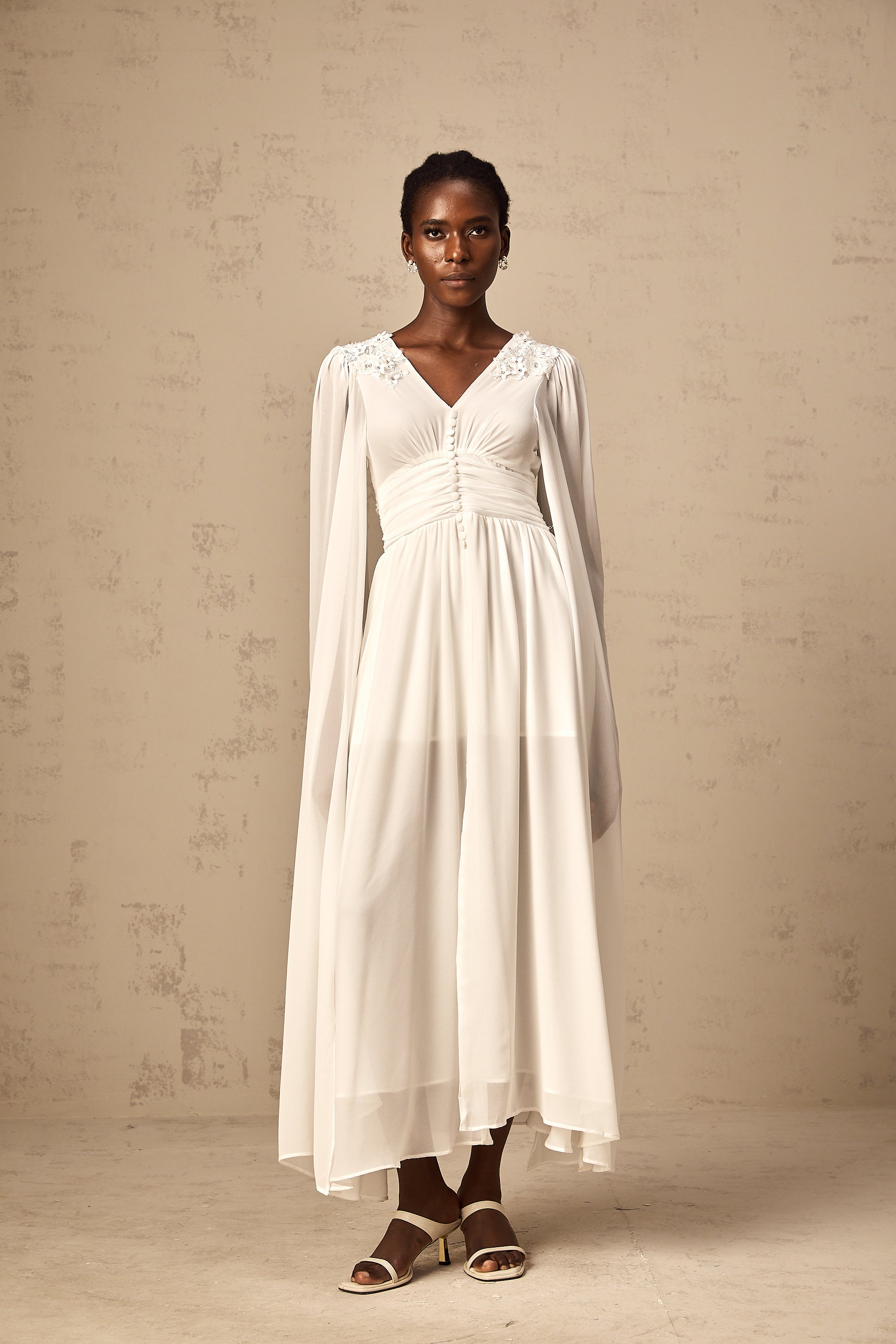 Sylvie white slit-sleeve beaded chiffon gown