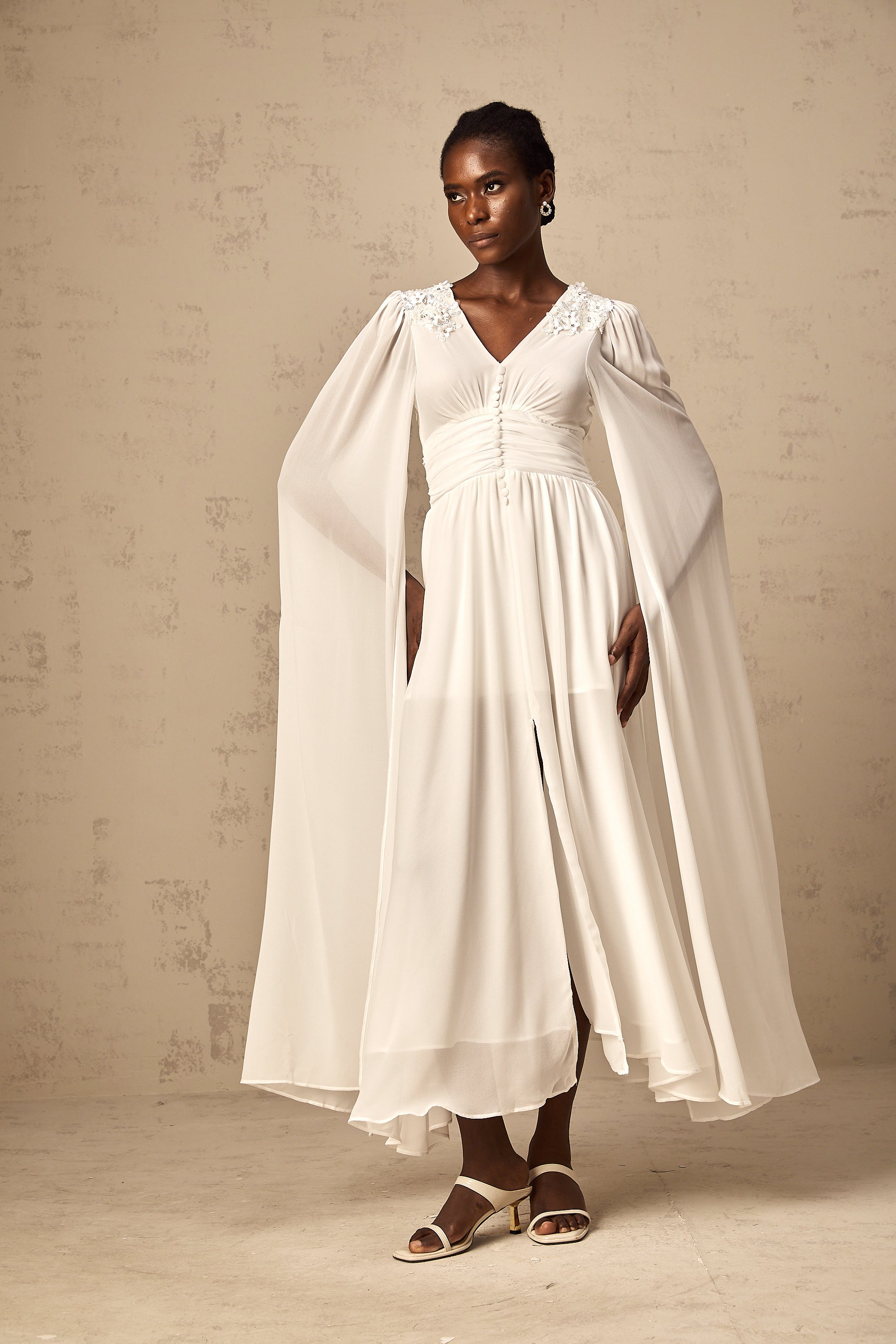 Sylvie white slit-sleeve beaded chiffon gown