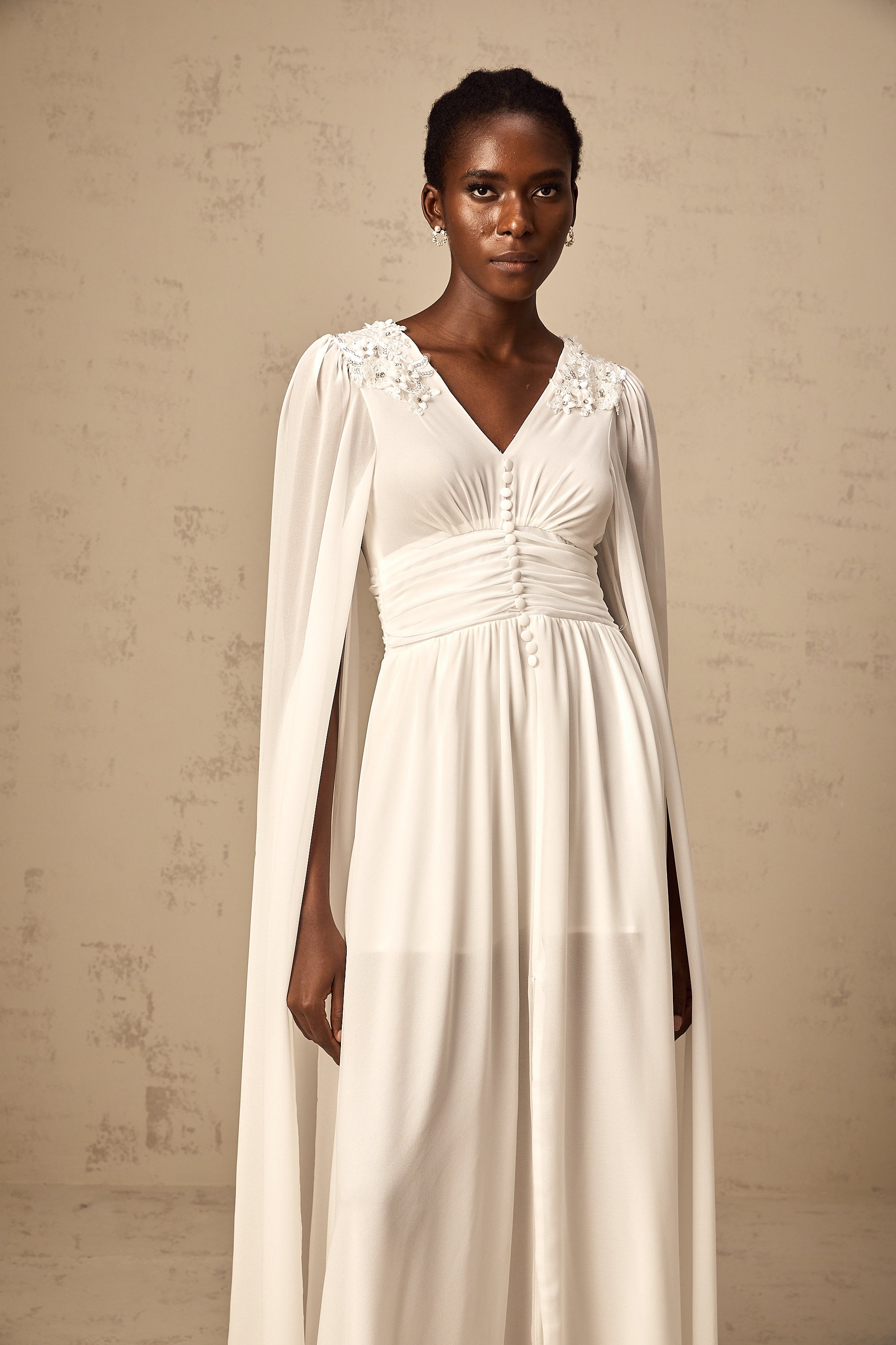 Sylvie white slit-sleeve beaded chiffon gown