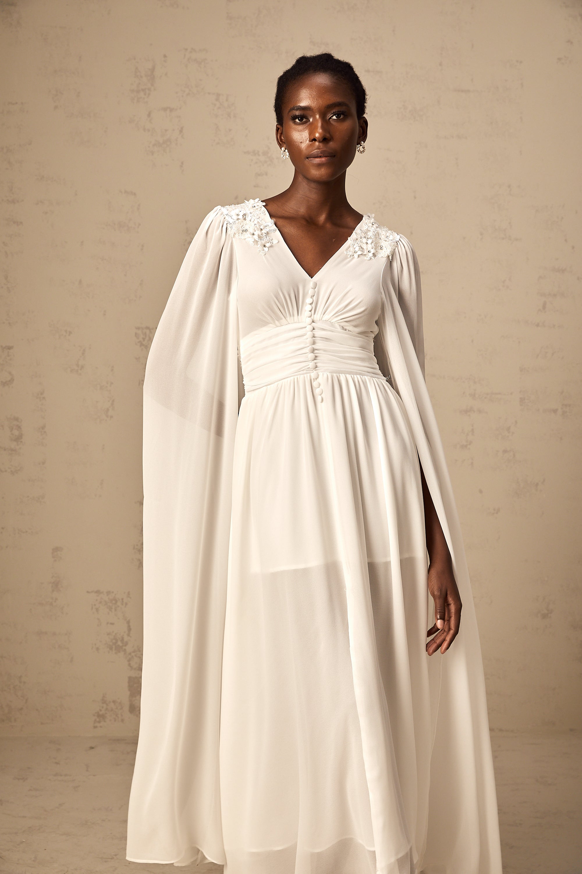 Sylvie white slit-sleeve beaded chiffon gown