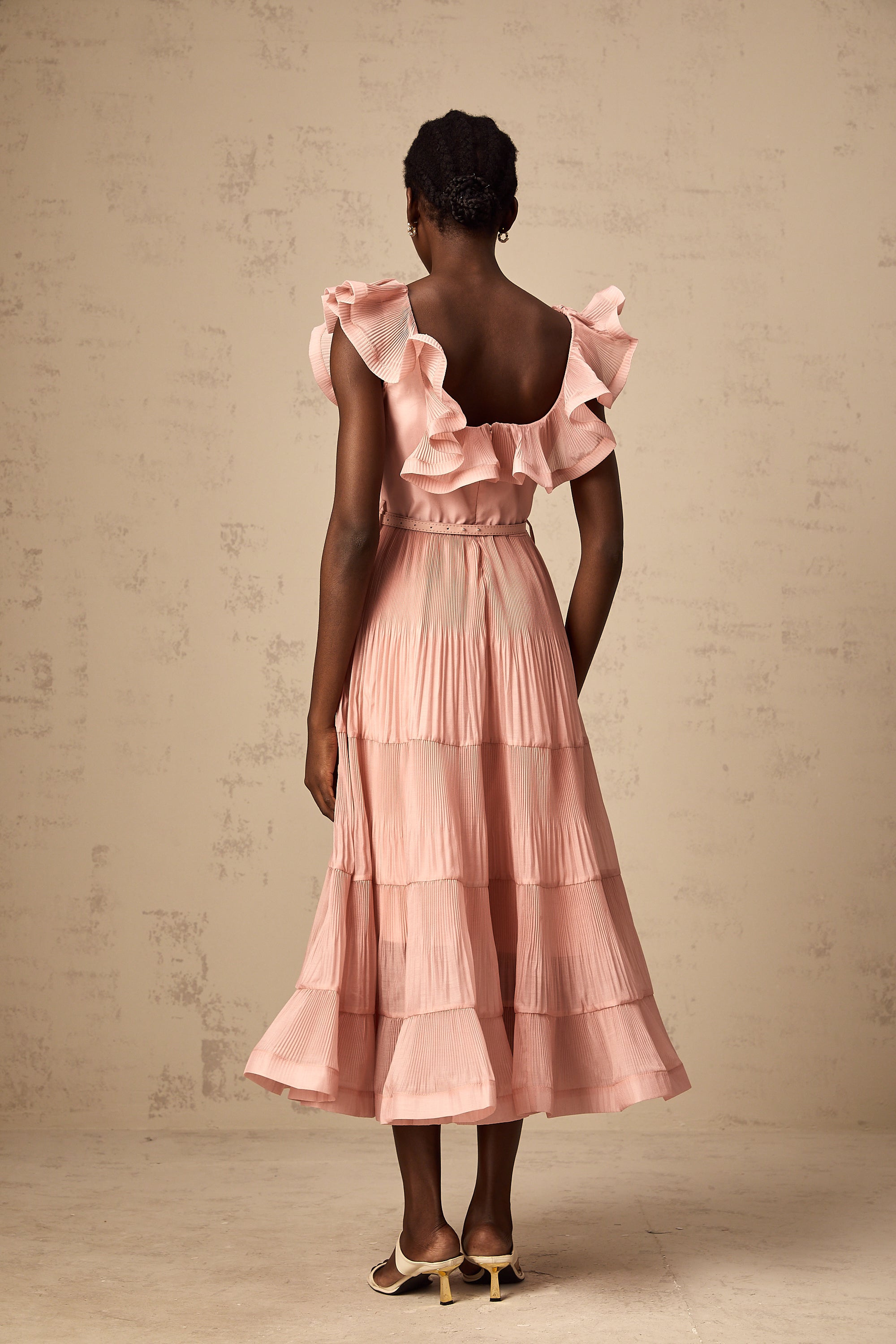 Valentina coral-pink pleated frilled midi dress