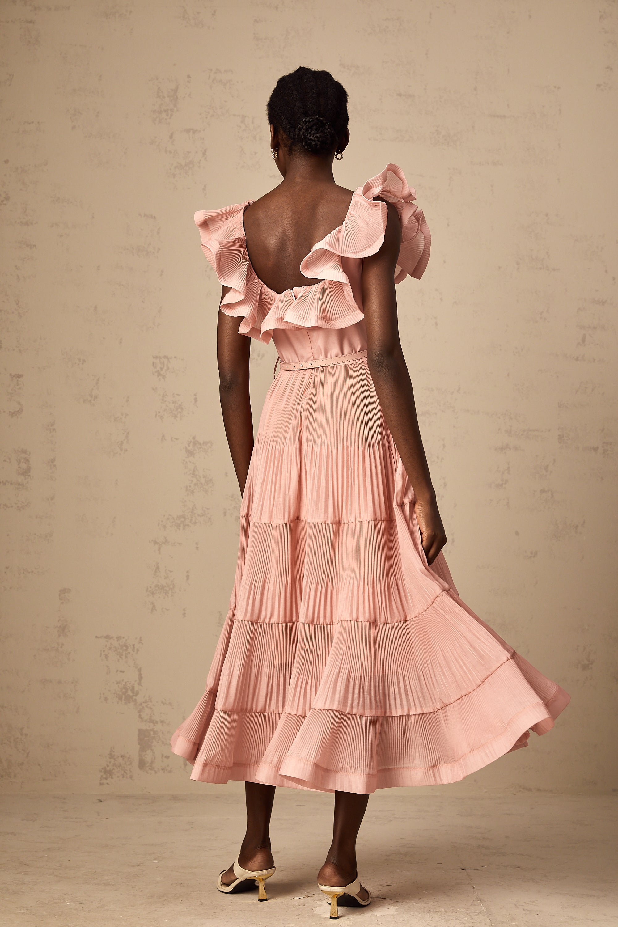 Valentina coral-pink pleated frilled midi dress