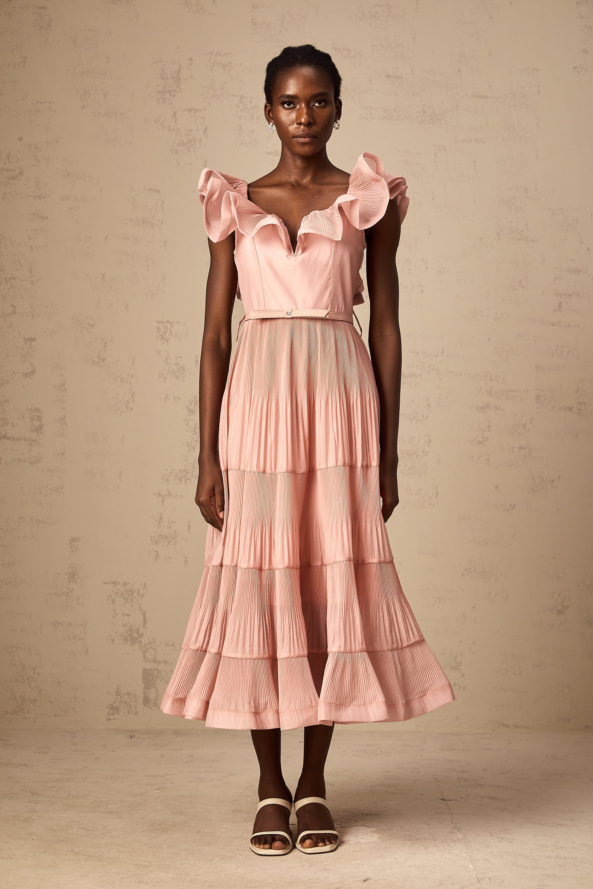 Valentina coral-pink pleated frilled midi dress