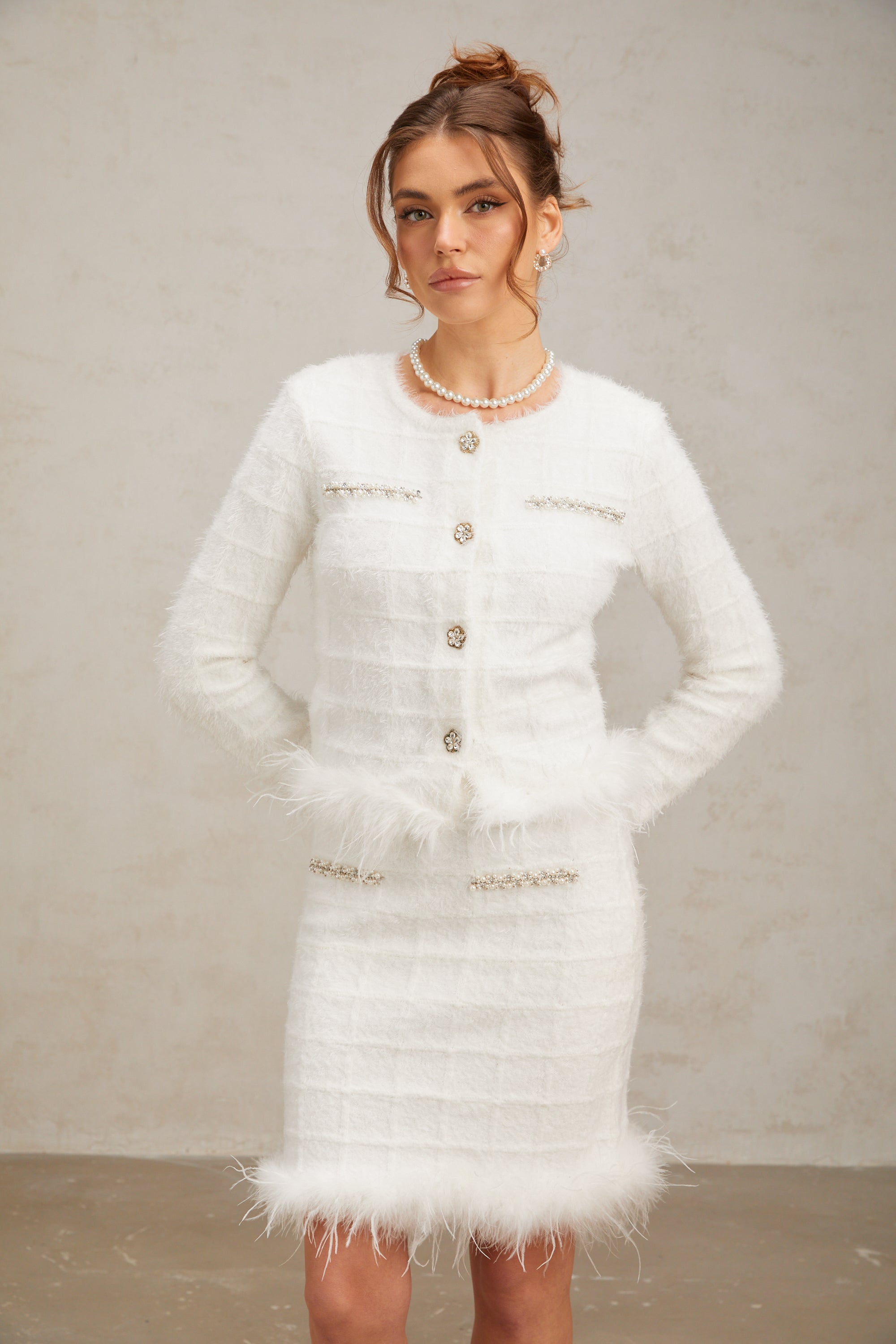 Cora white feather waffle knit cardigan & skirt matching set