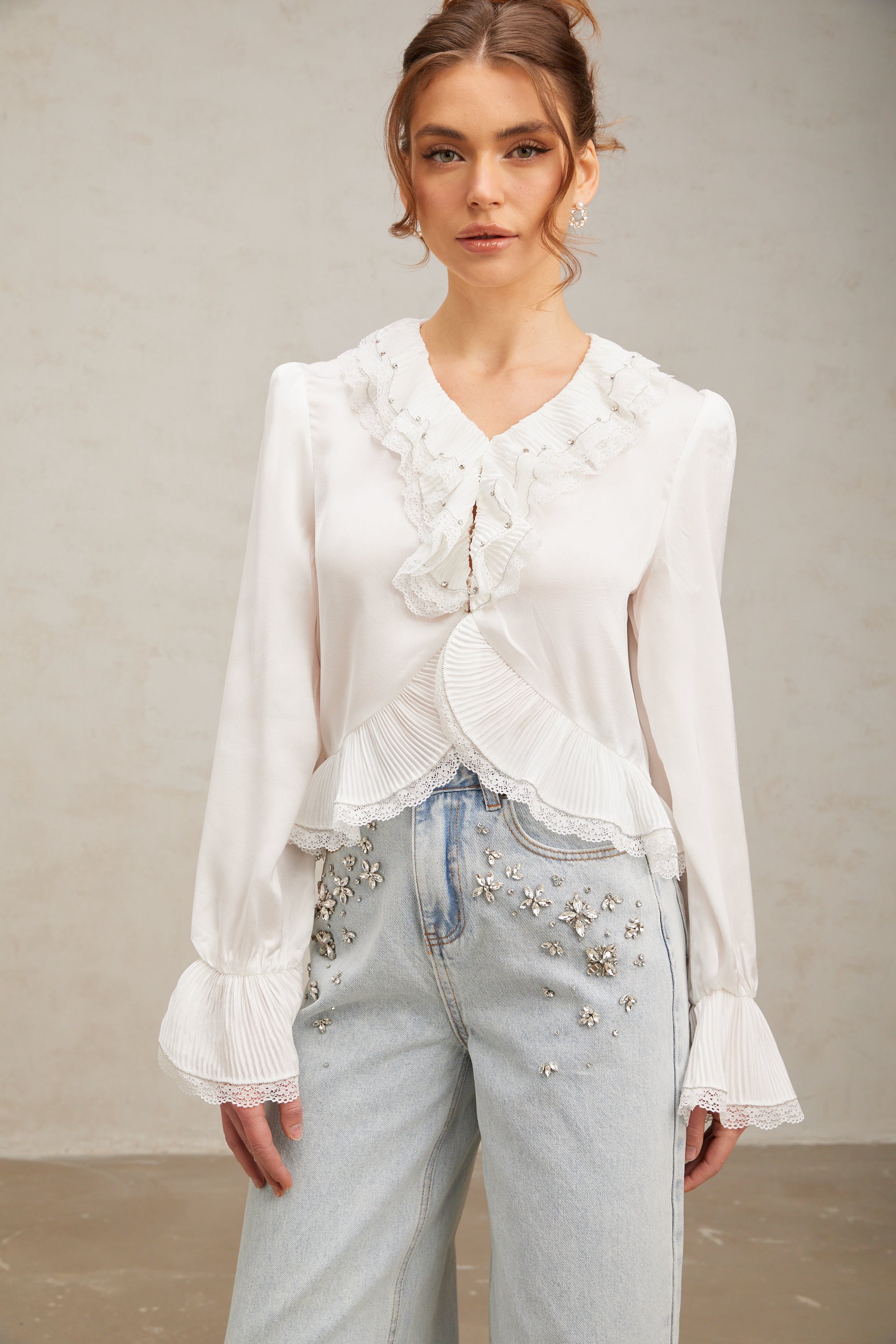 Aimee white lace-trim ruffled shirt