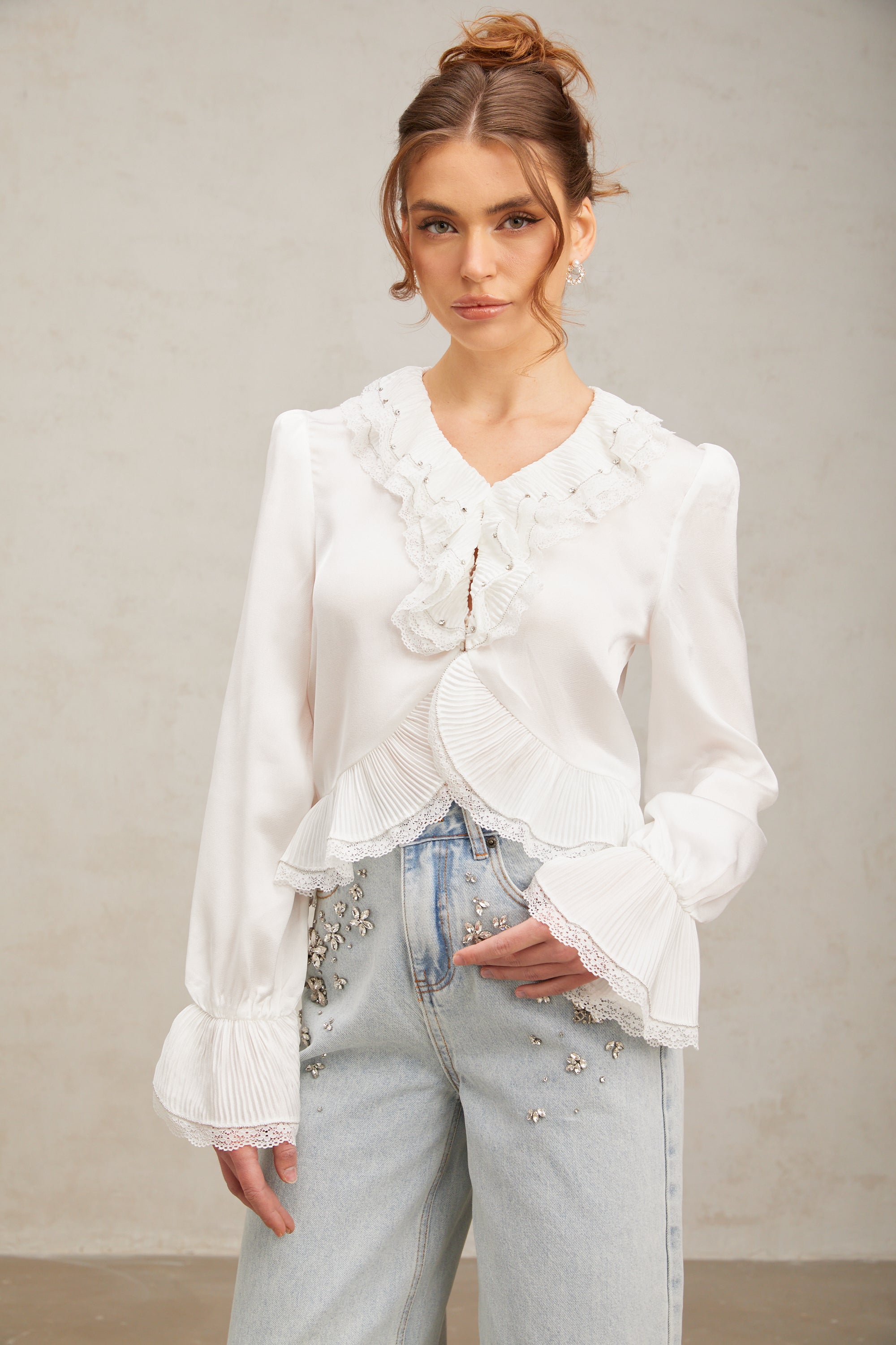 Aimee white lace-trim ruffled shirt