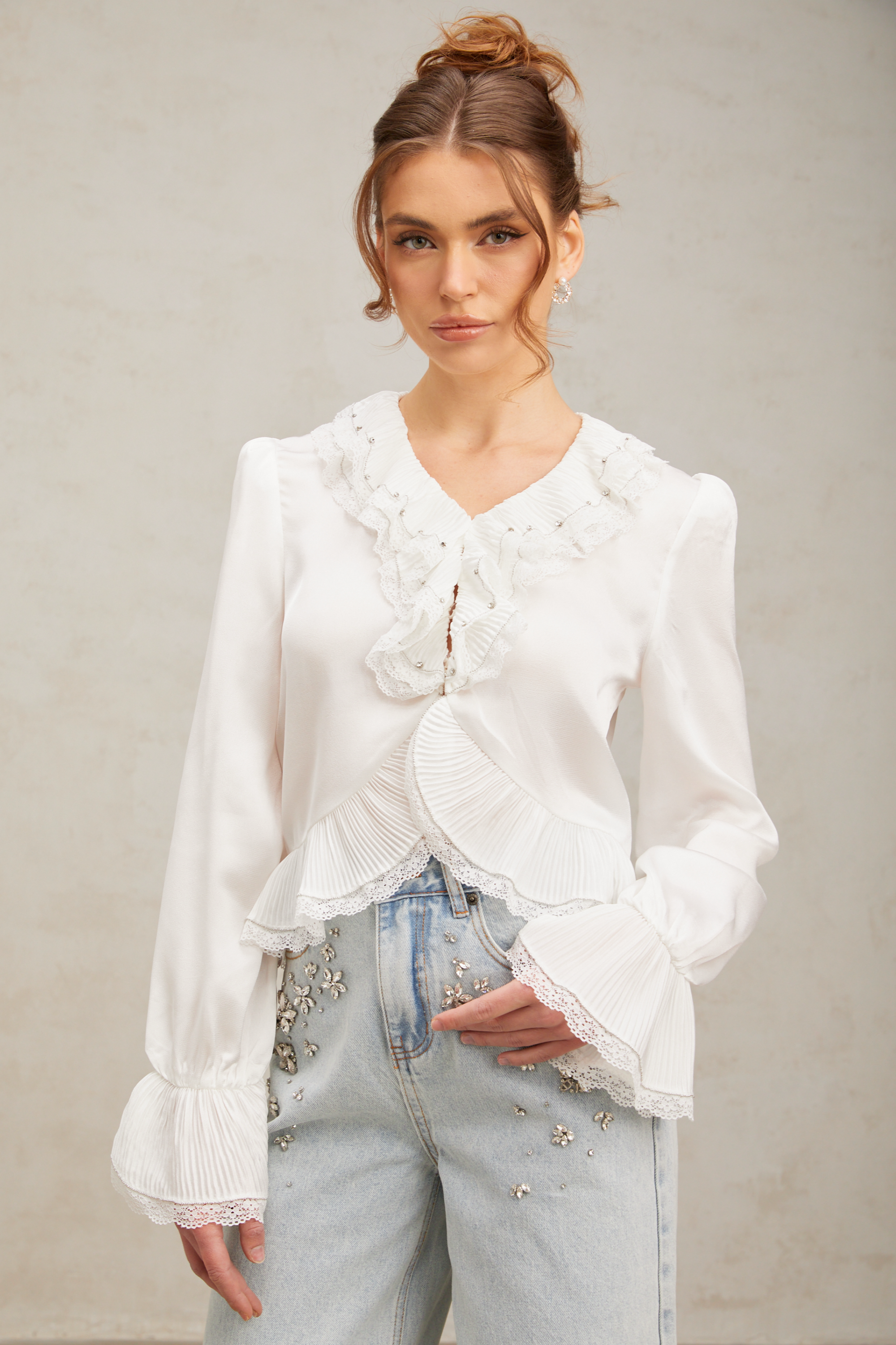 Aimee white lace-trim ruffled shirt