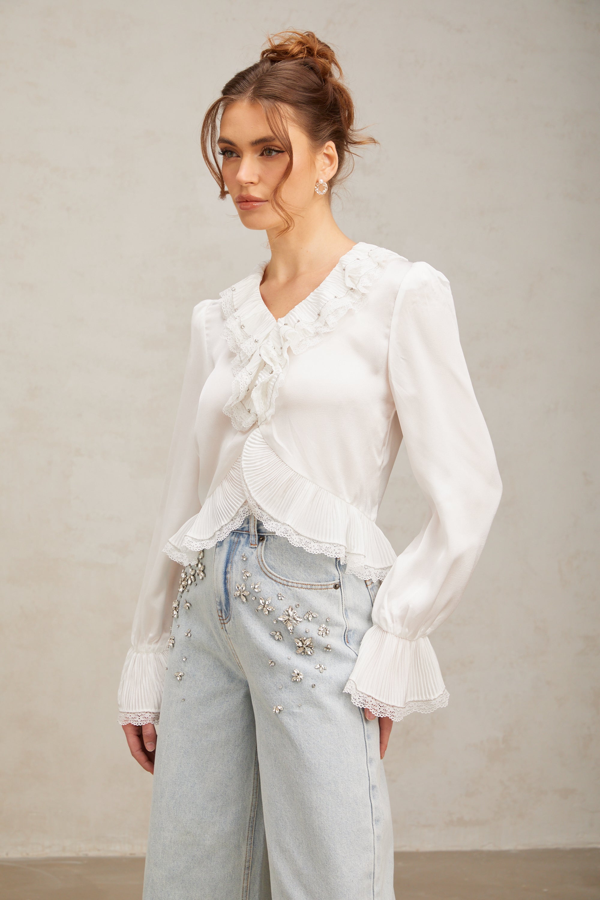 Aimee white lace-trim ruffled shirt