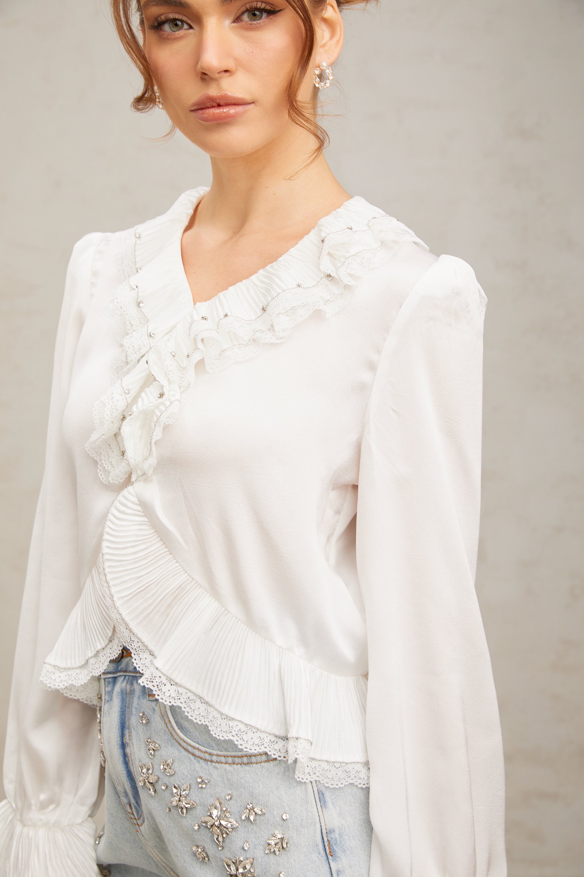 Aimee white lace-trim ruffled shirt