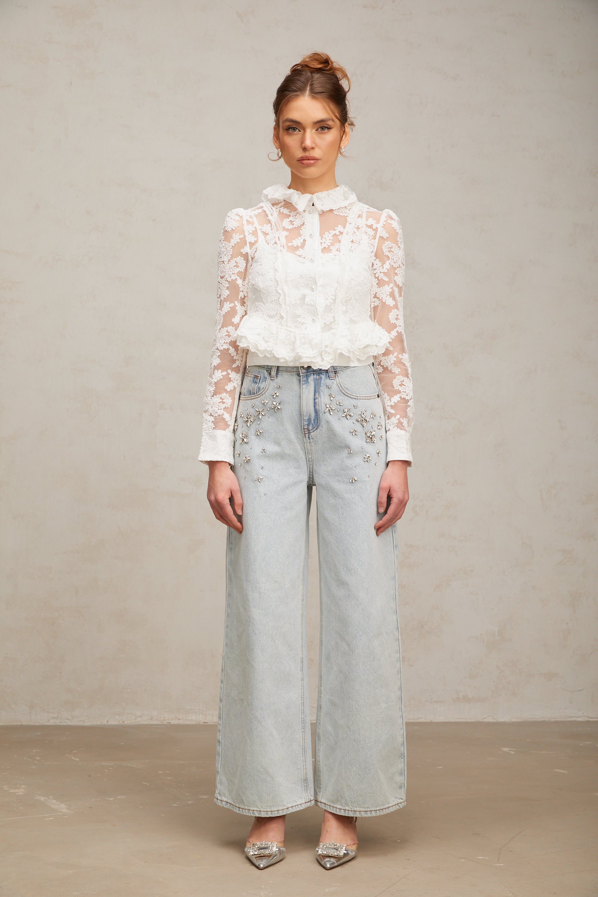 Karine white floral-embroidered lace blouse