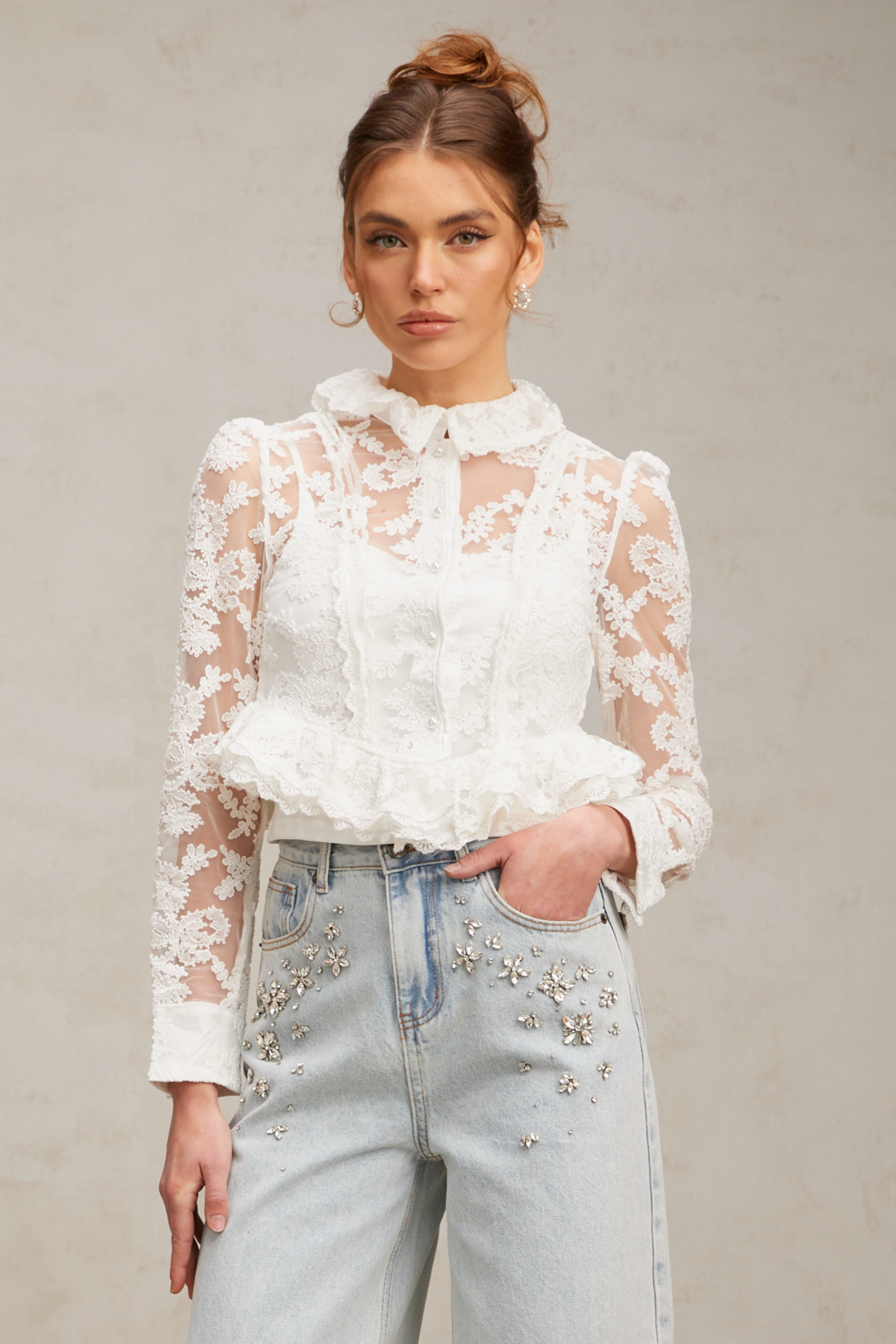 Karine white floral-embroidered lace blouse