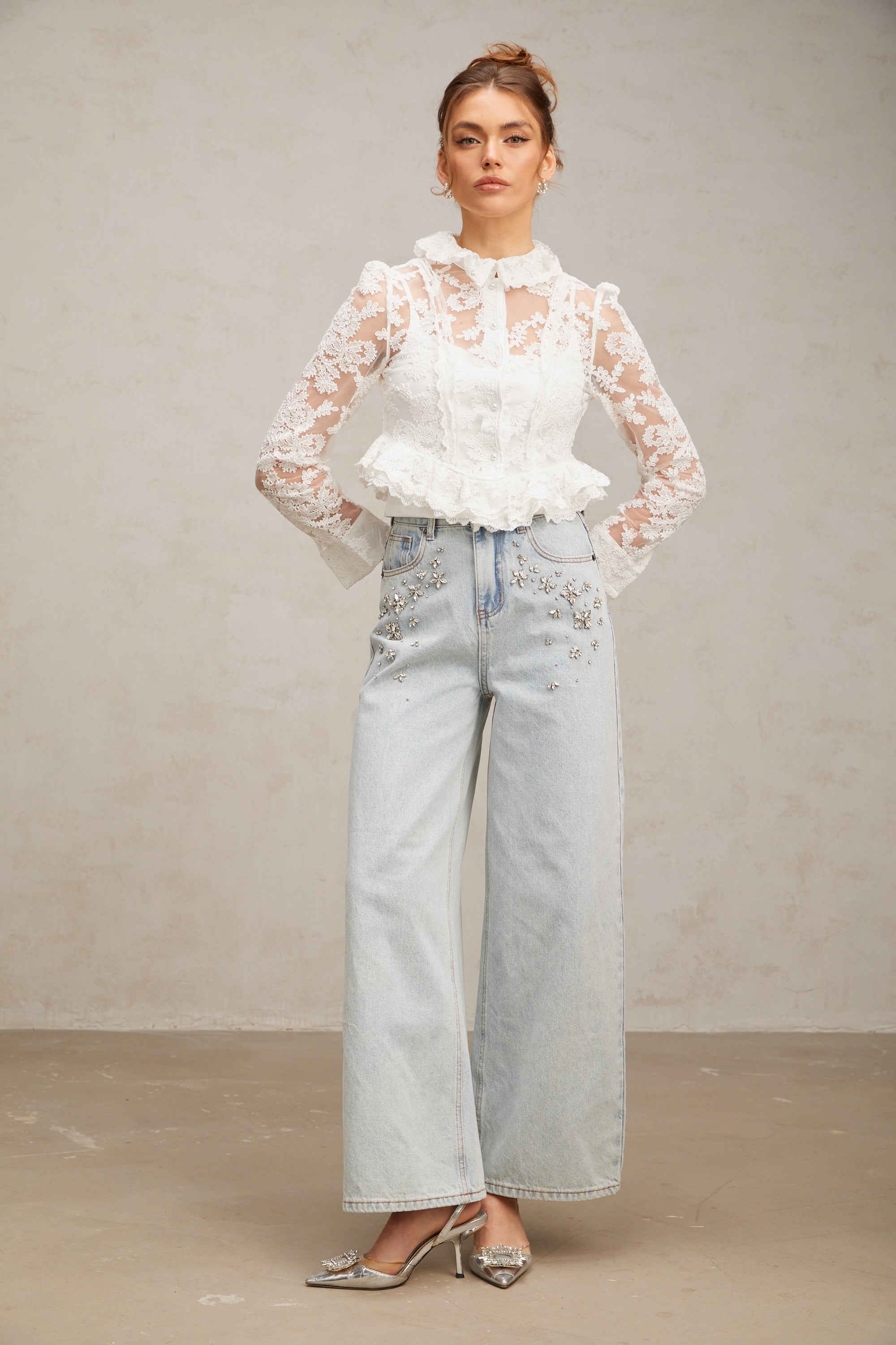 Karine white floral-embroidered lace blouse